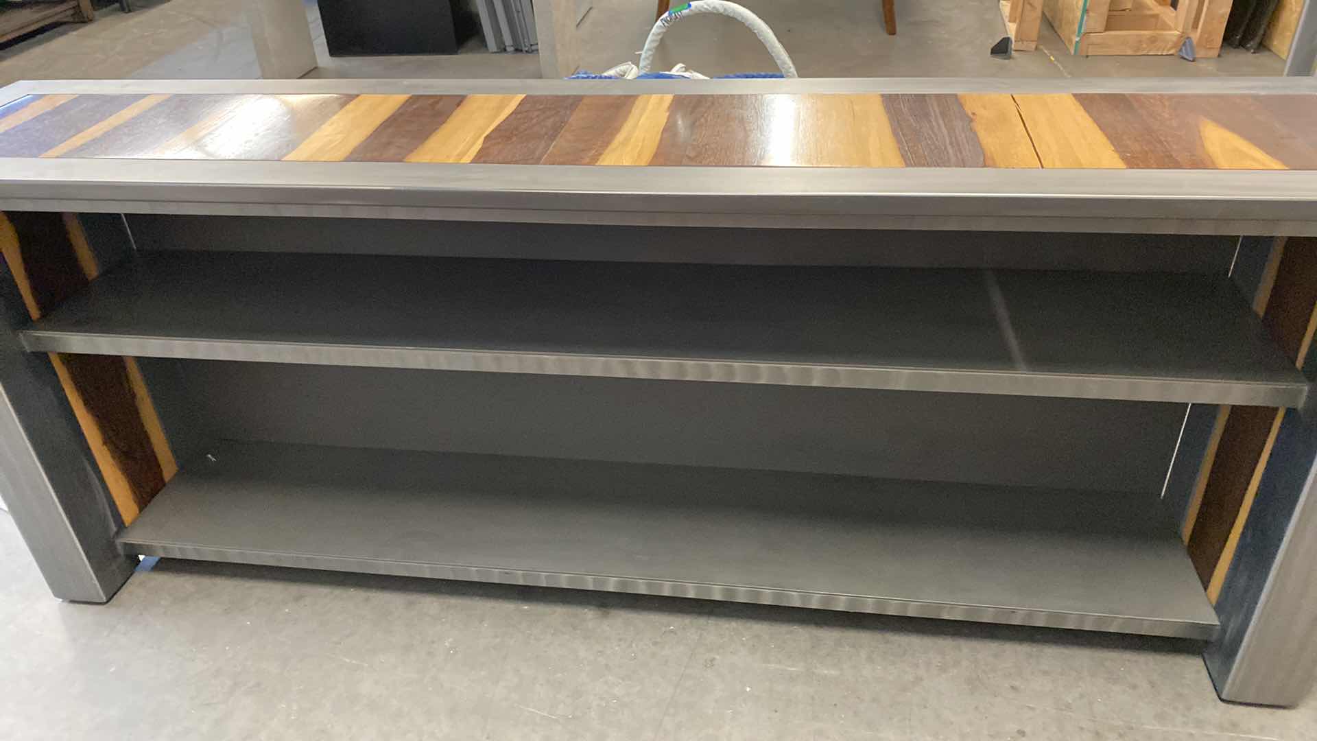 Photo 2 of MODERN 2 SHELF WOOD INLAY AND METAL DISPLAY / BOOK CABINET 78” X 16” H30.5”. TABLE ALSO AVAILABLE SOLD SEPARATELY