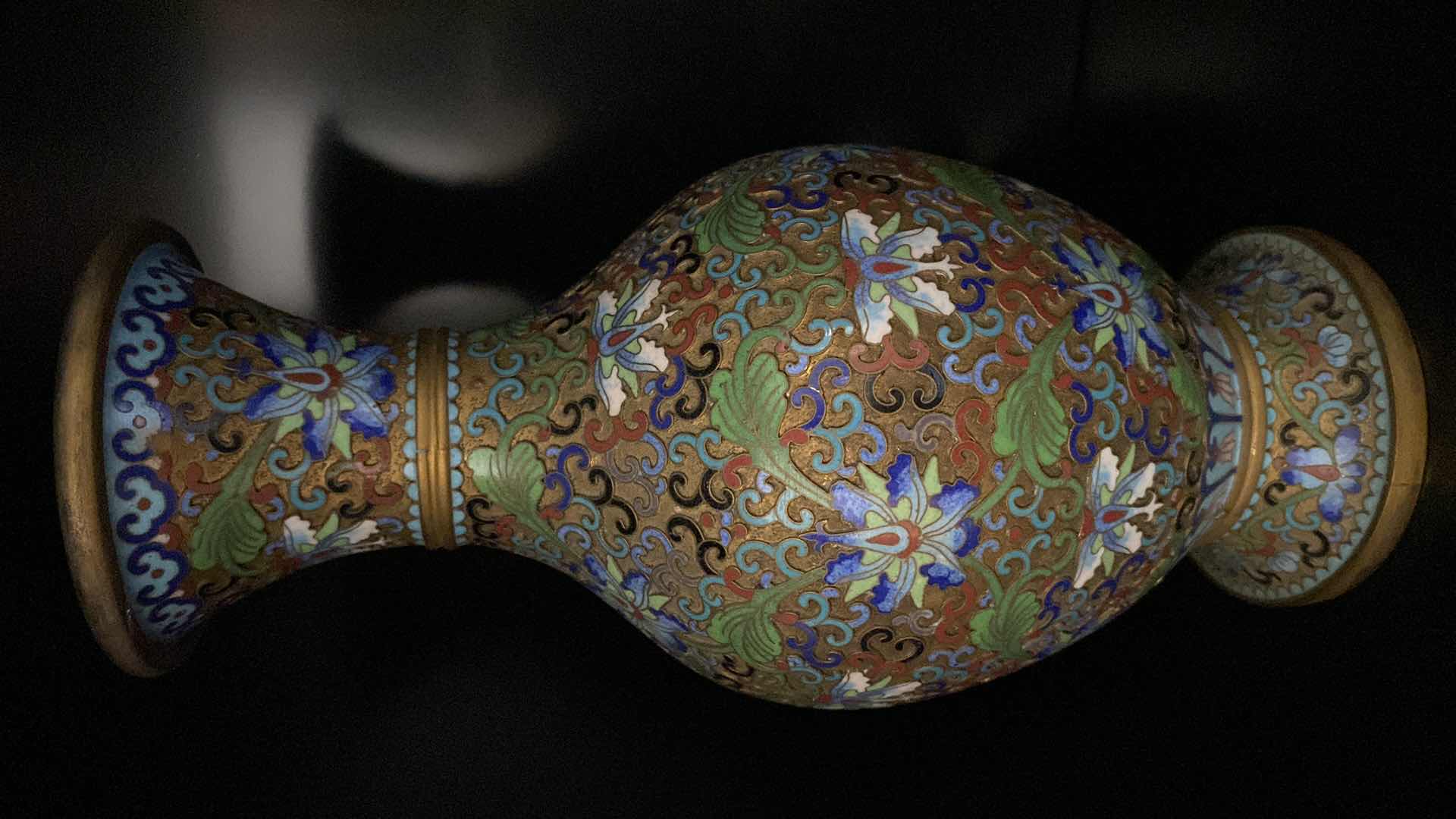 Photo 1 of CHINESE BRASS RAISED CLOISONNÉ VASE H 10” 