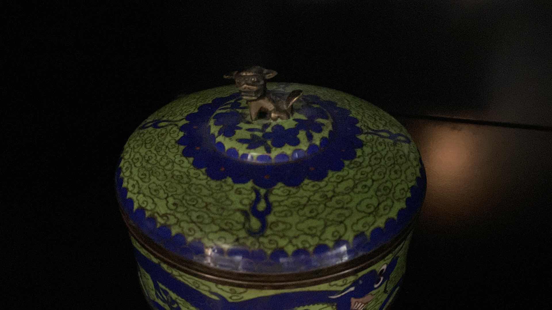 Photo 1 of CHINESE BRASS RAISED CLOISONNÉ DRESSER BOX WITH LID WITH FOO DOG 5.5” X 4” 