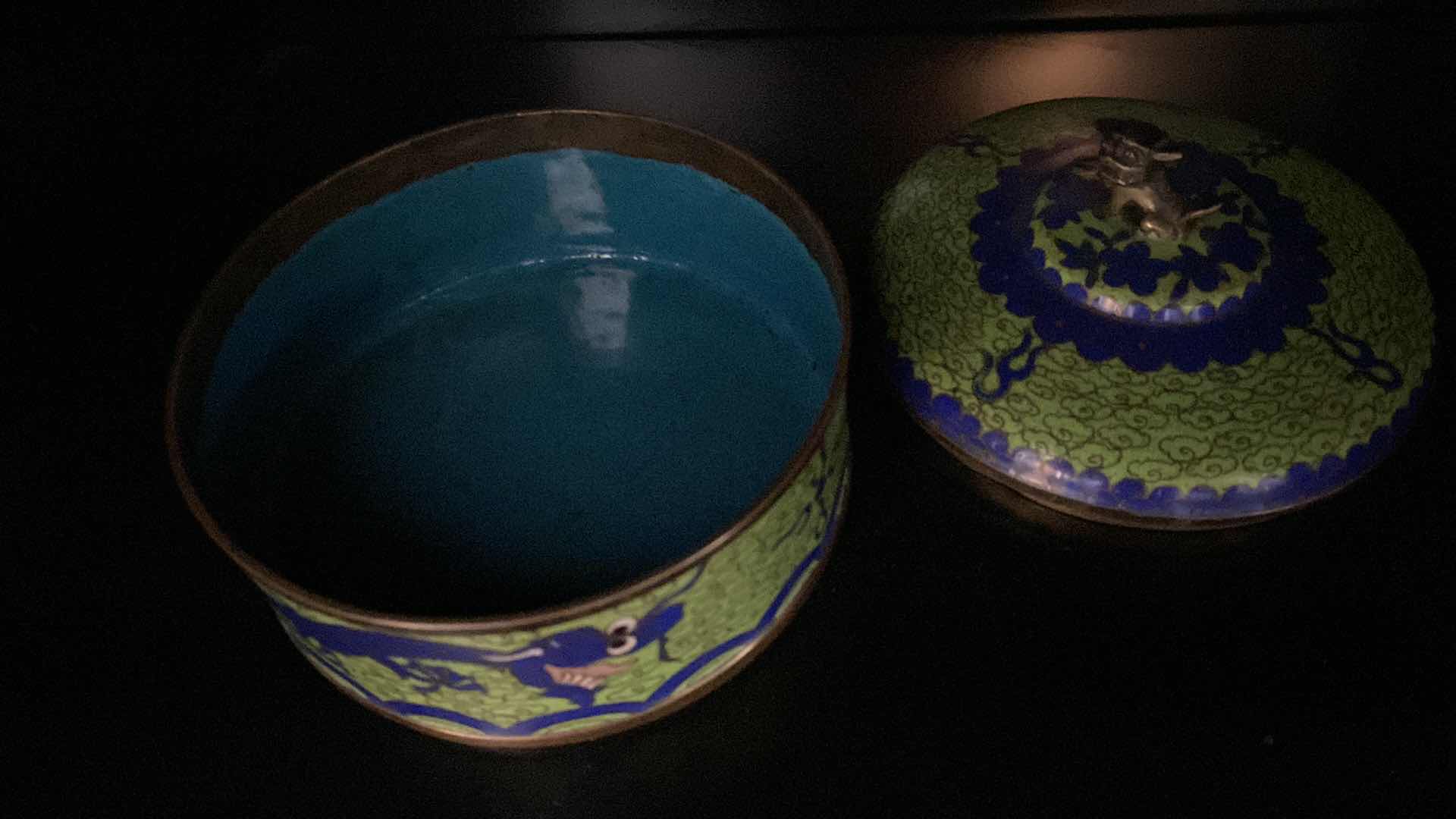 Photo 1 of CHINESE BRASS RAISED CLOISONNÉ DRESSER BOX WITH LID WITH FOO DOG 5.5” X 4” 