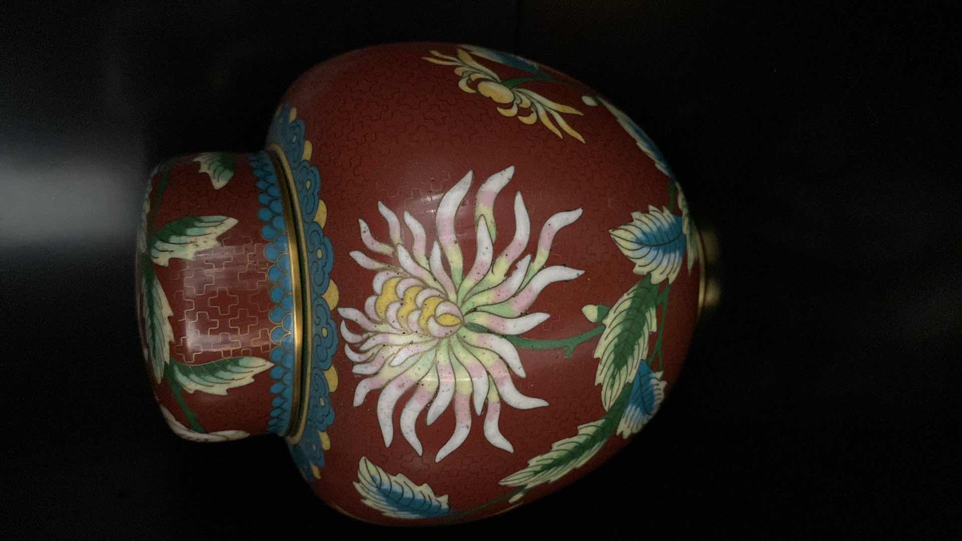 Photo 1 of CHINESE BRASS RAISED CLOISONNÉ GINGER JAR H 6.5” AND 2 BELLS