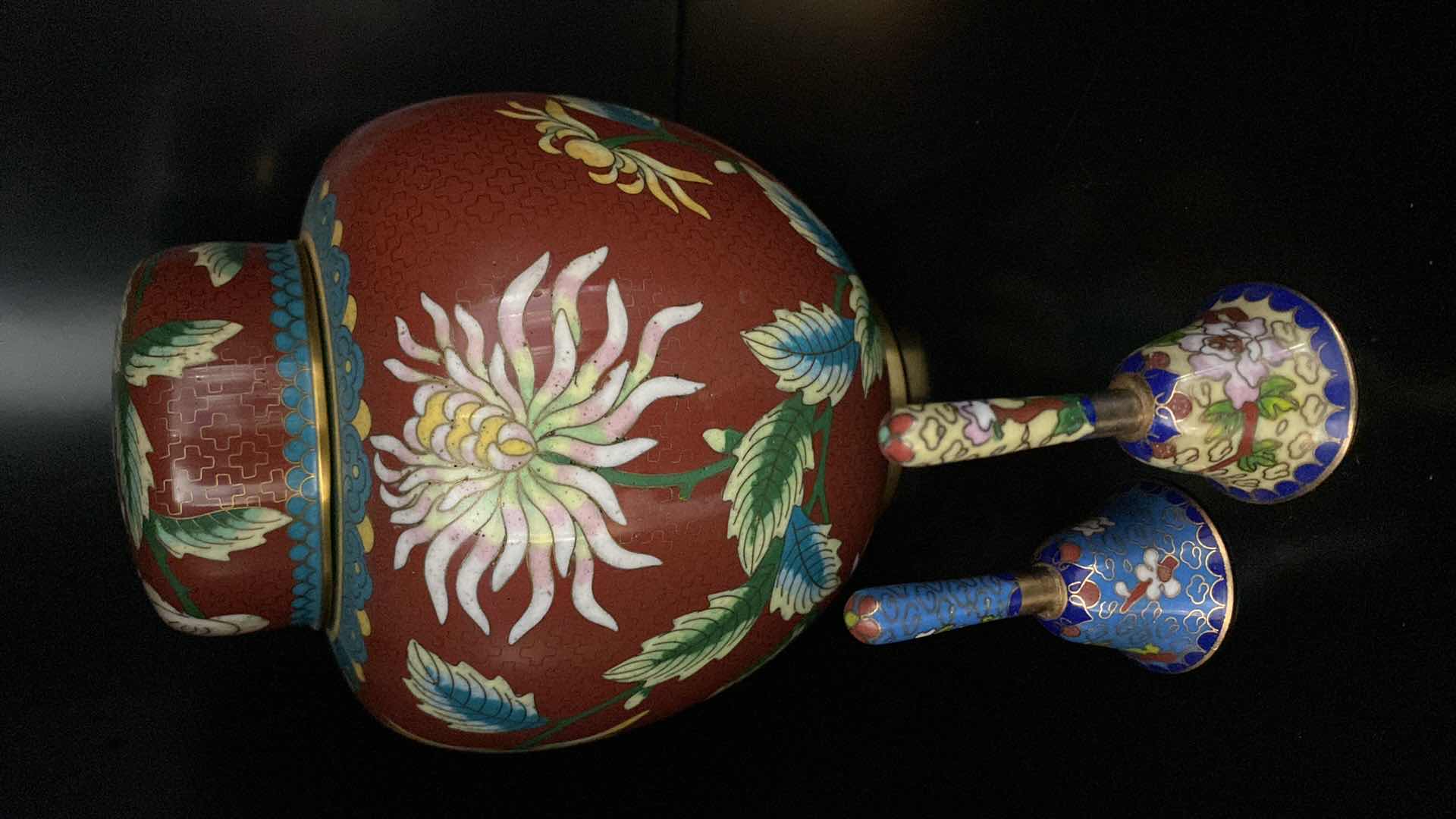 Photo 1 of CHINESE BRASS RAISED CLOISONNÉ GINGER JAR H 6.5” AND 2 BELLS