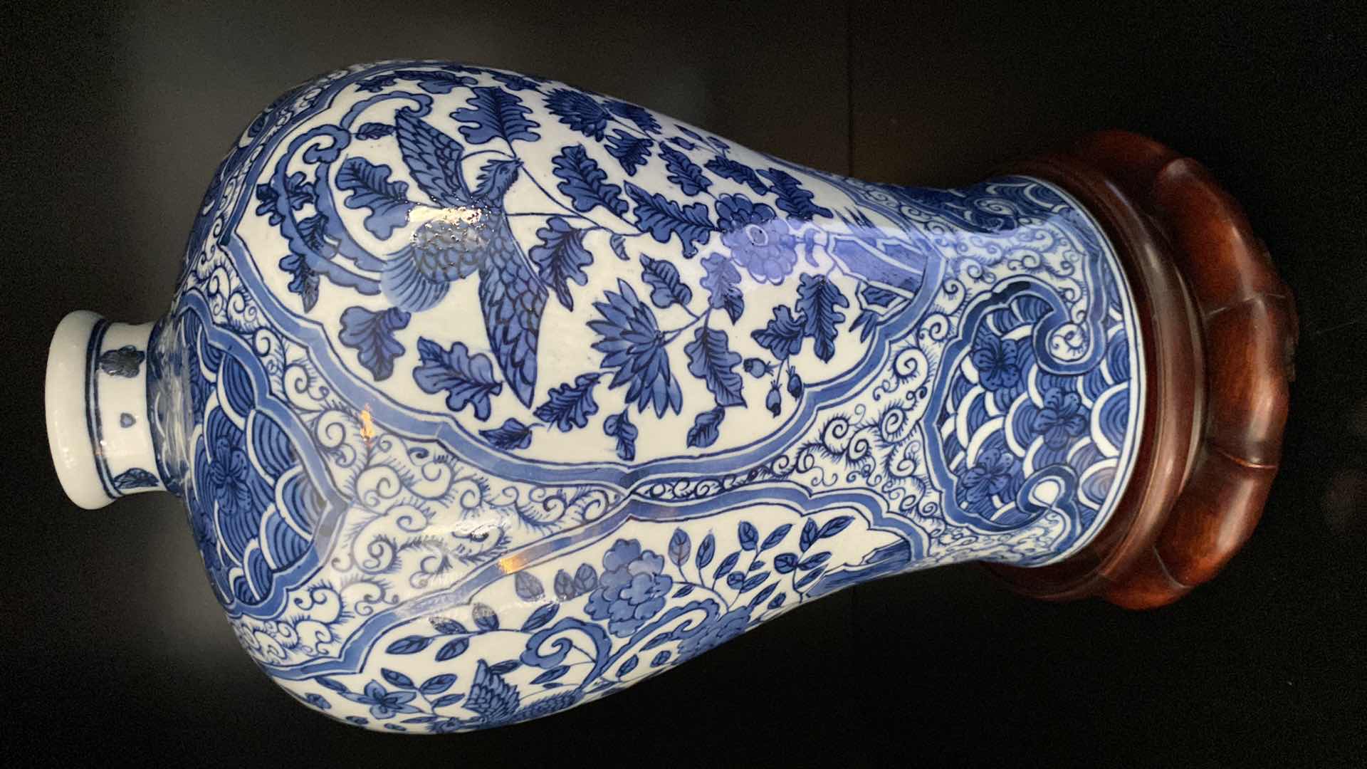 Photo 1 of VINTAGE CHINESE BLUE AND WHITE PLUM SHAPED PORCELAIN VASE 11.5 “ PLUS STAND