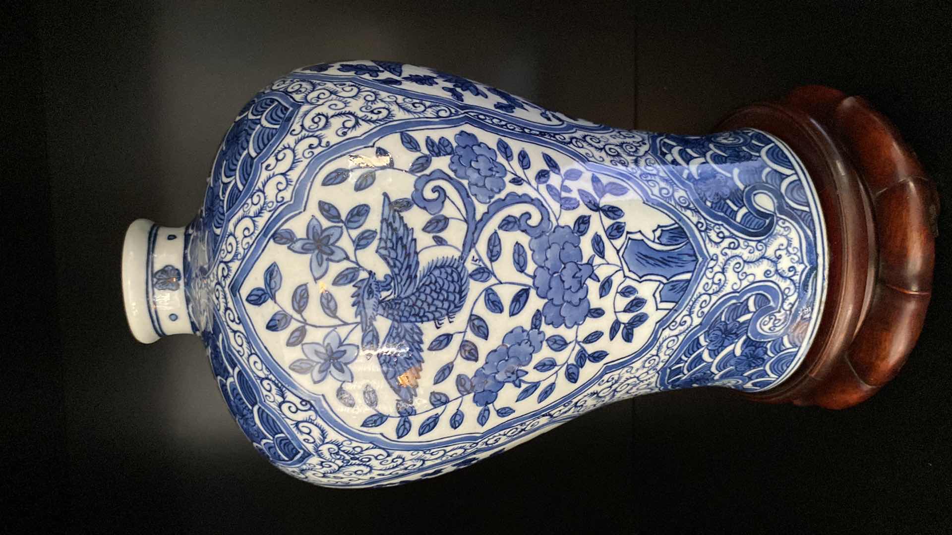 Photo 1 of VINTAGE CHINESE BLUE AND WHITE PLUM SHAPED PORCELAIN VASE 11.5 “ PLUS STAND