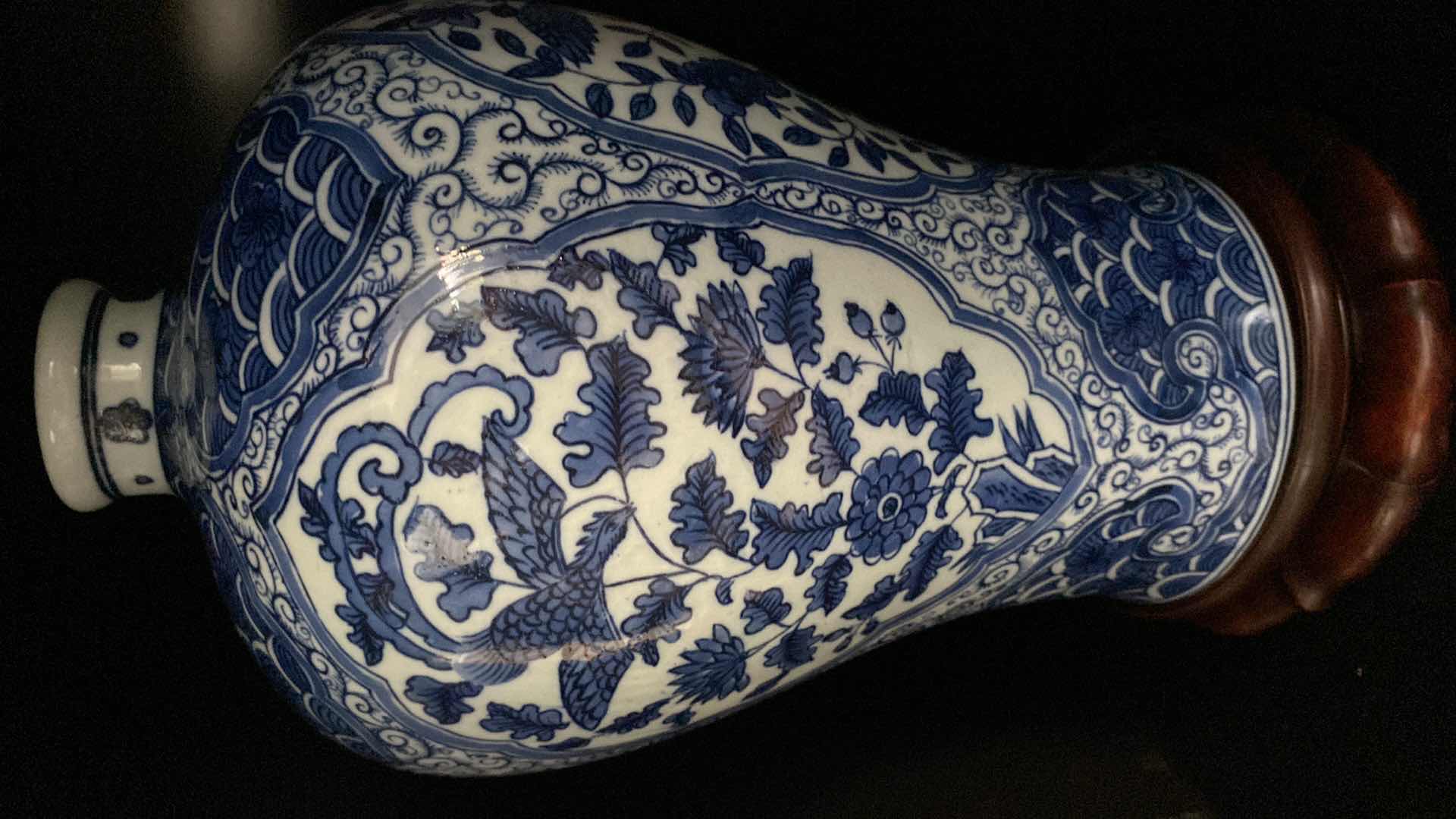 Photo 4 of VINTAGE CHINESE BLUE AND WHITE PLUM SHAPED PORCELAIN VASE 11.5 “ PLUS STAND