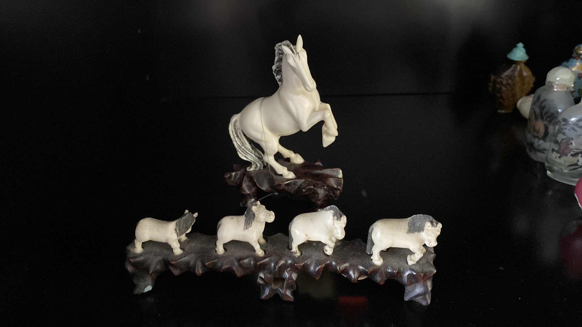 Photo 1 of COLLECTION OF SNUFF BOTTLES AND IVORY HORSES - LARGE HORSE 4.75” INCLUDING STAND