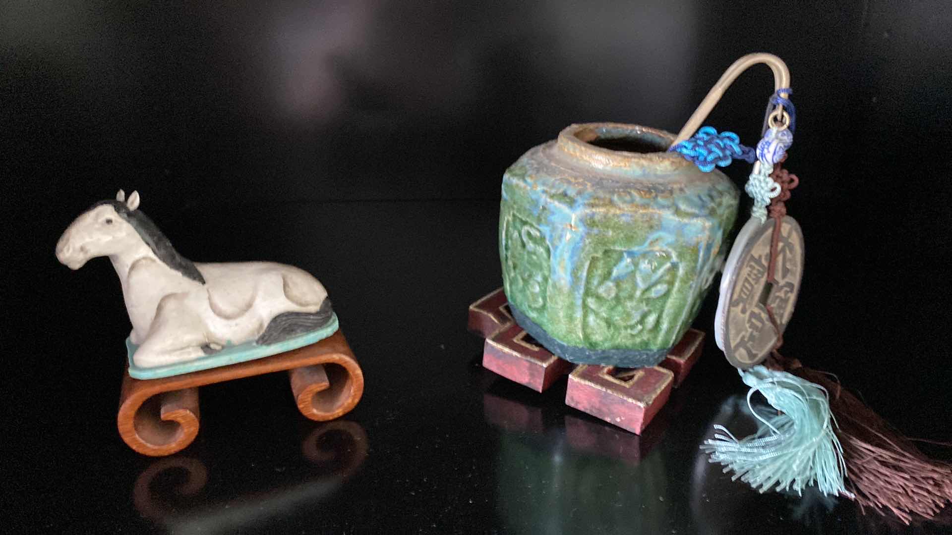 View 1 of CANTON CHINA PRE 1877 HORSE 4” X 2.75” AND POTTERY JAR