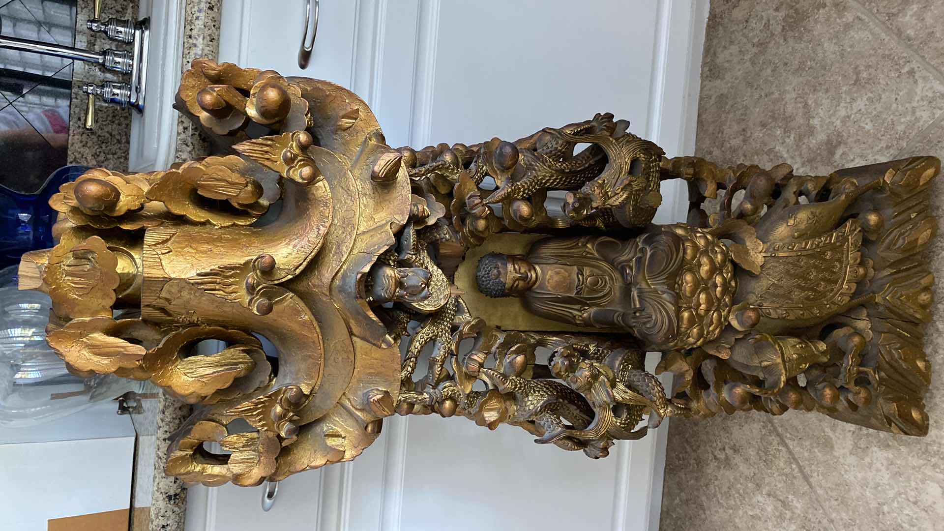View 1 of LARGE CARVED BOXWOOD CARVING WITH BUDDAH 42“ x 15“