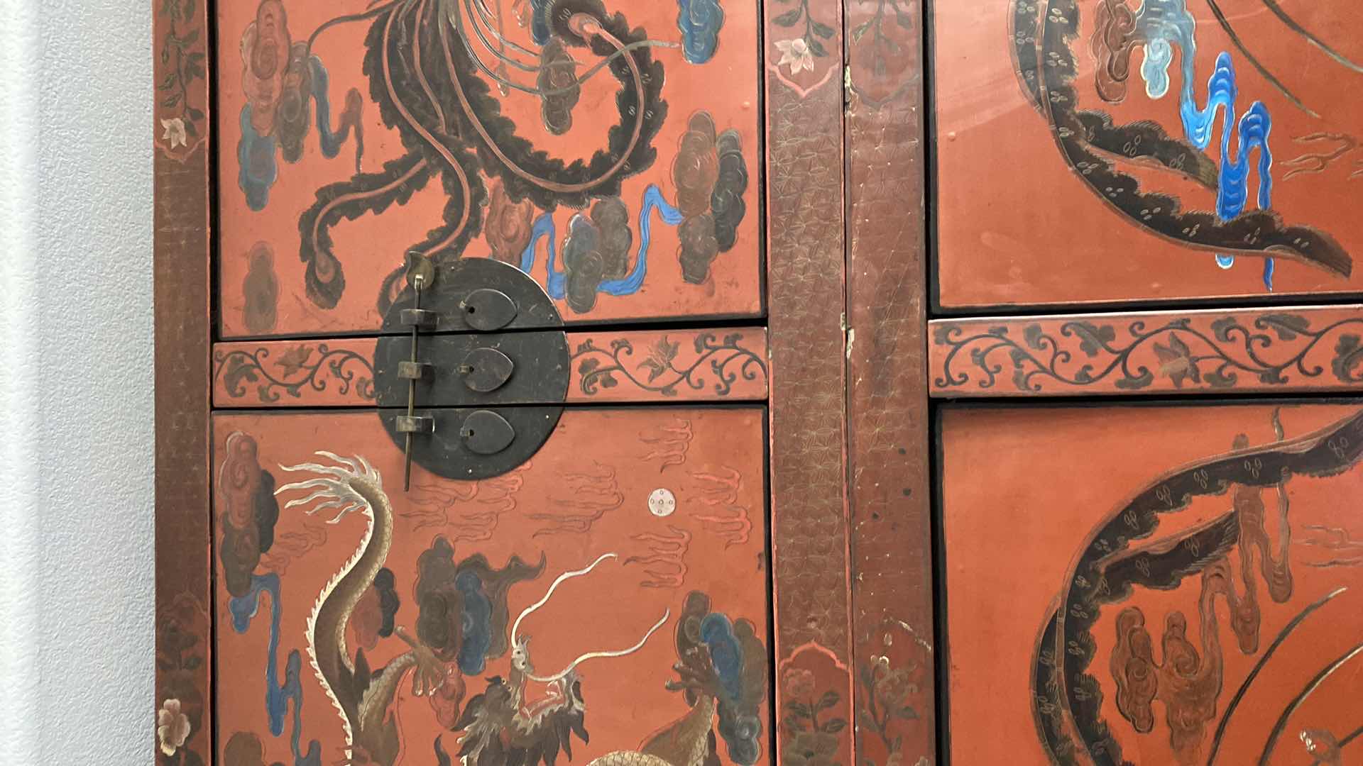 Photo 4 of CHINESE HAND PAINTED 4 DOOR 2 DRAWER RED LACQUER CABINET WITH HIDDEN DRAWER 49 1/2“ x 25“ x H 96”