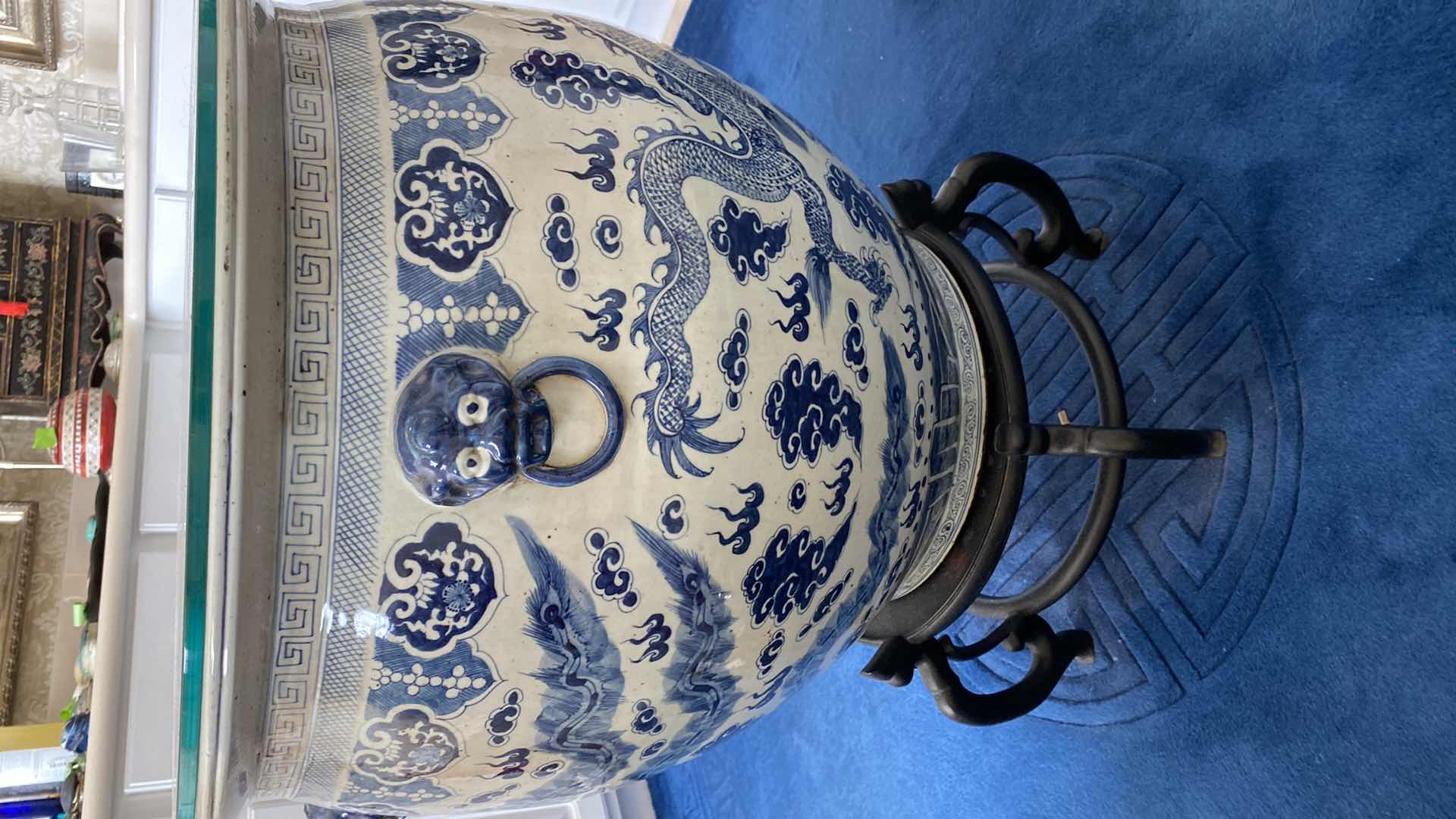 Photo 1 of LARGE PORCELAIN IMPERIAL BLUE DRAGON FISHBOWL PLANTER ON STAND, MEASURING 
24“ x 22“ without stand, GLASSTOP INCLUDED 