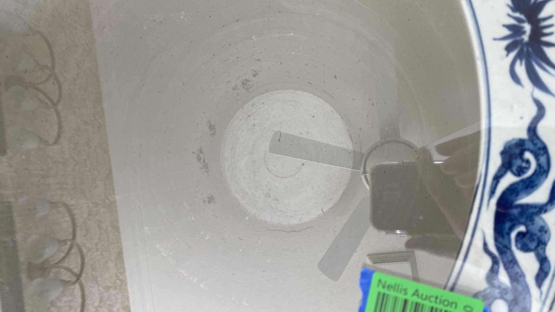 Photo 1 of LARGE PORCELAIN IMPERIAL BLUE DRAGON FISHBOWL PLANTER ON STAND, MEASURING 
24“ x 22“ without stand, GLASSTOP INCLUDED 