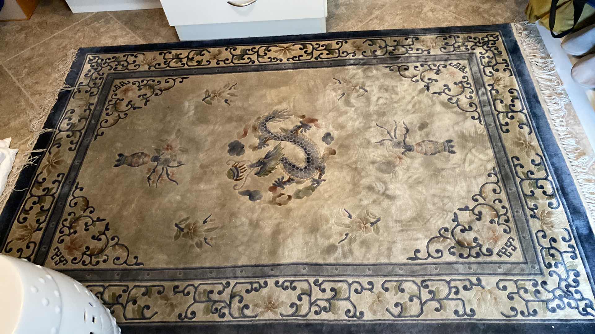 Photo 1 of HAND WOVEN  BLUE AND SILVER WOOL RUG FROM HONG KONG 4‘,1“ by 7‘6“