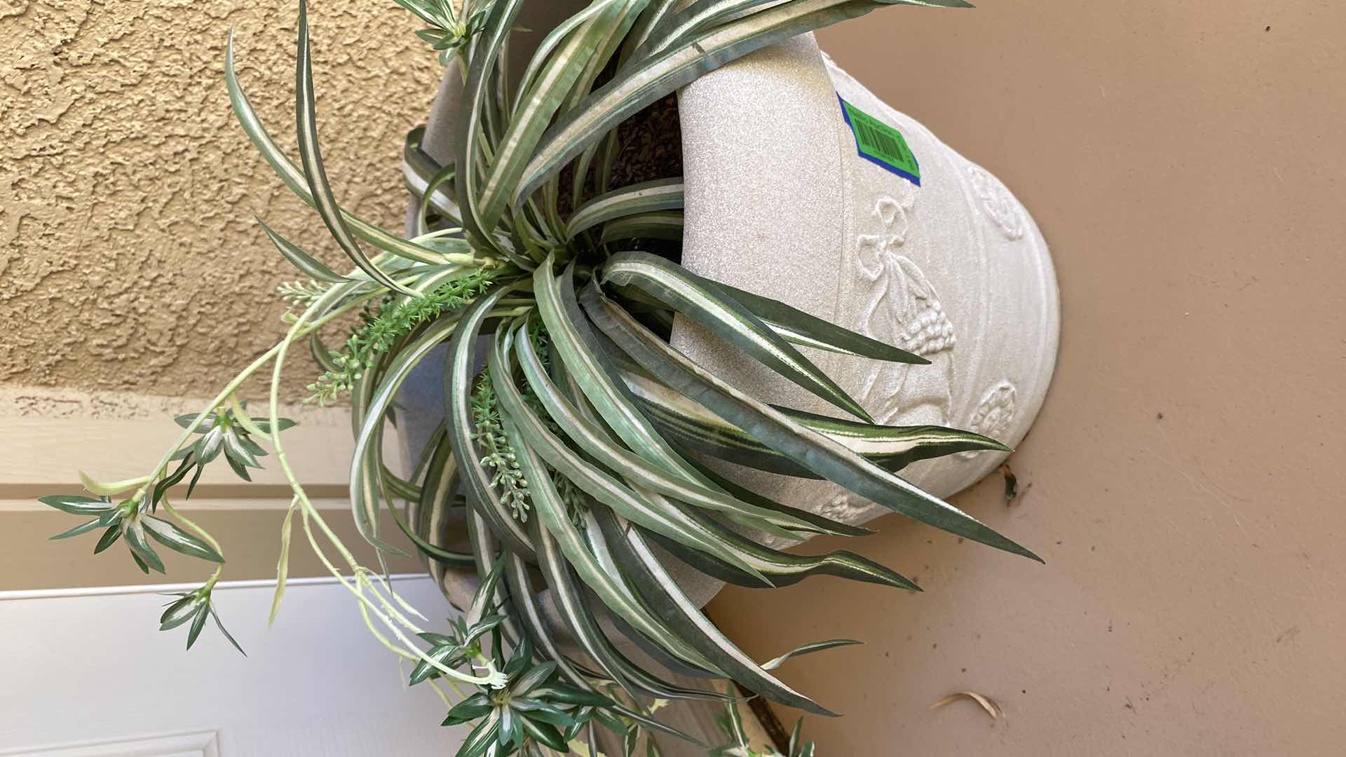 Photo 1 of OUTDOOR PLASTIC POT WITH FAUX PLANT H14” AND WELCOME SIGN