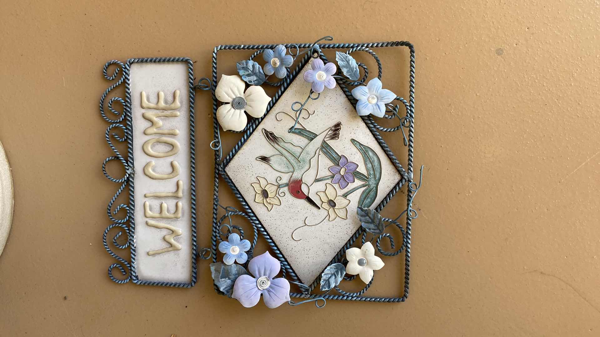 Photo 1 of OUTDOOR PLASTIC POT WITH FAUX PLANT H14” AND WELCOME SIGN