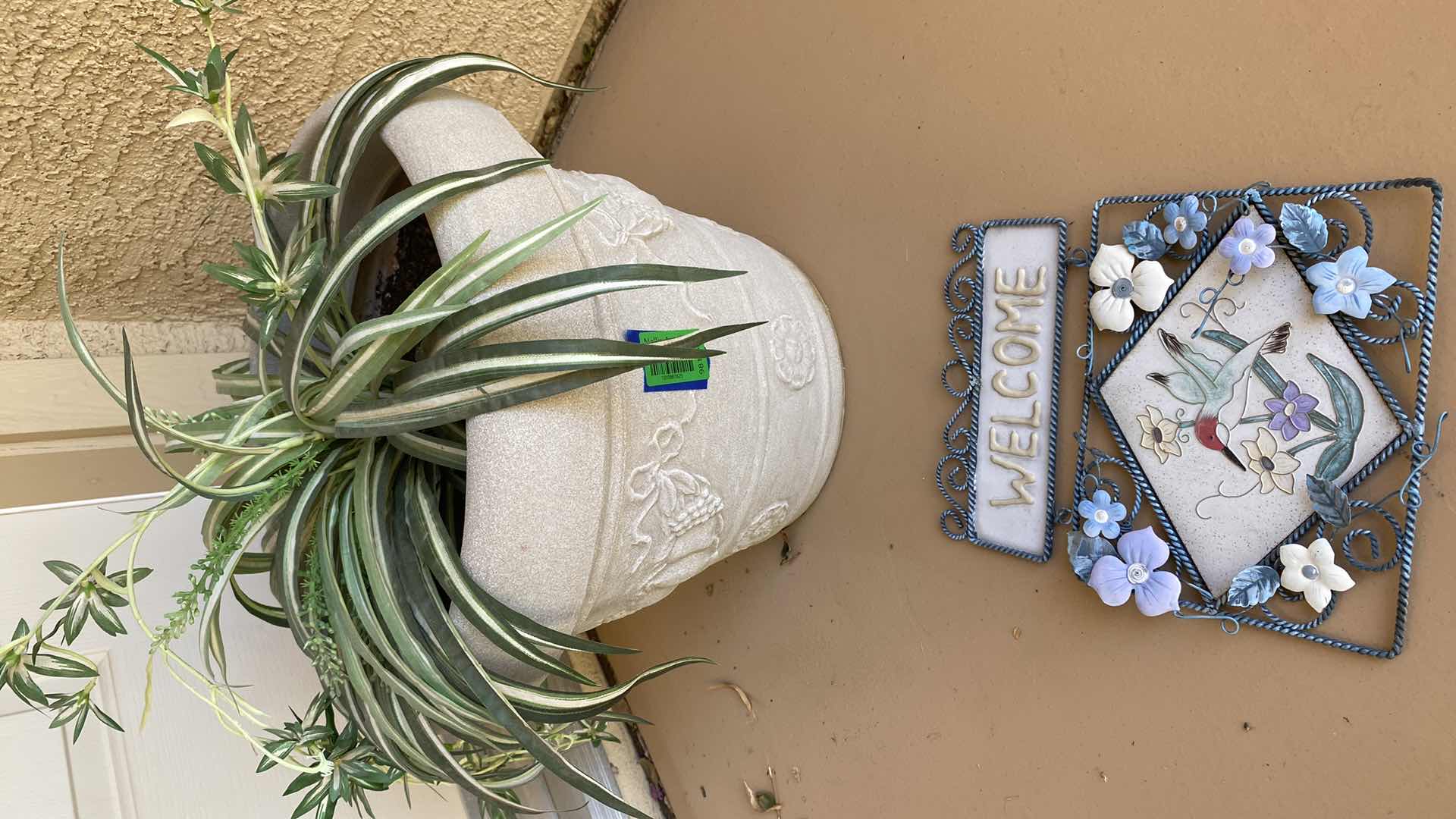 Photo 1 of OUTDOOR PLASTIC POT WITH FAUX PLANT H14” AND WELCOME SIGN