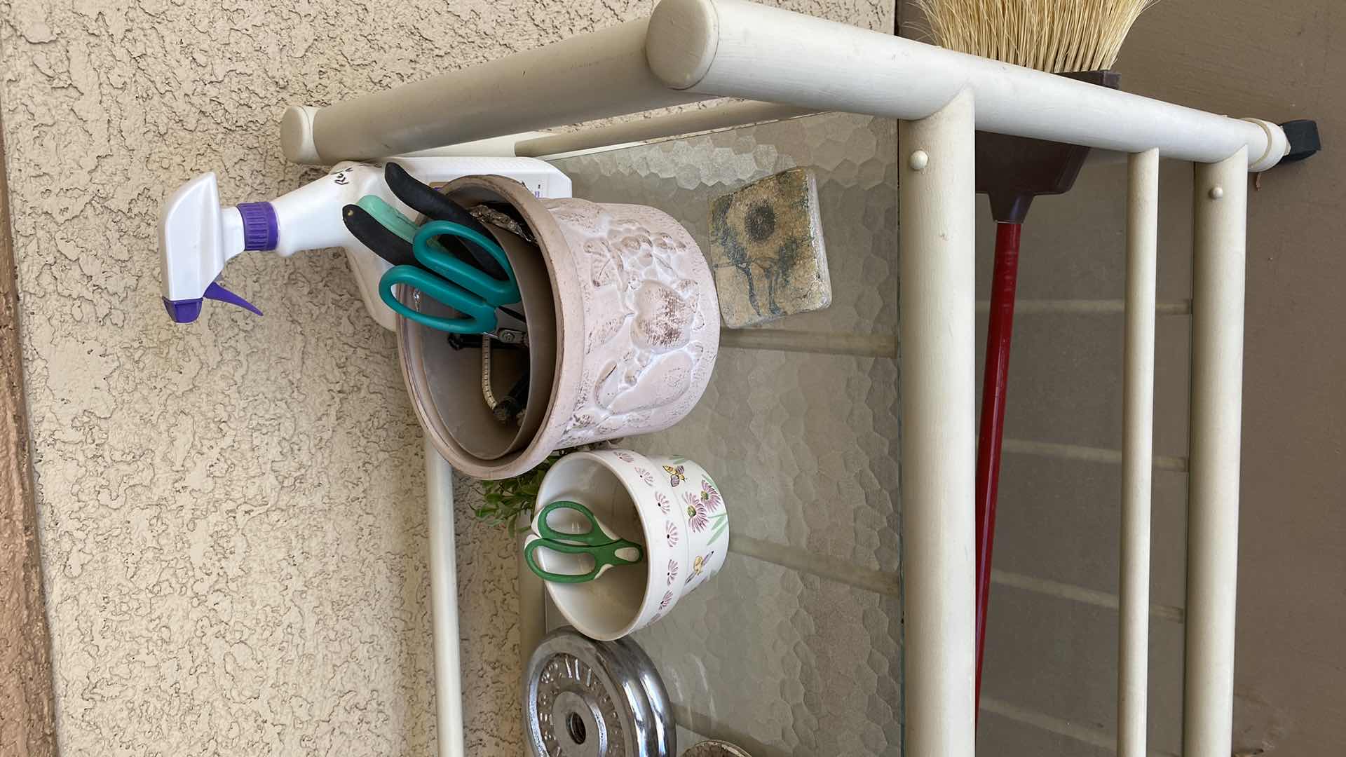 Photo 1 of OUTDOOR CART WITH GLASS TOP 34“ x 18“ x H35“ I NCLUDES ITEMS ON CART