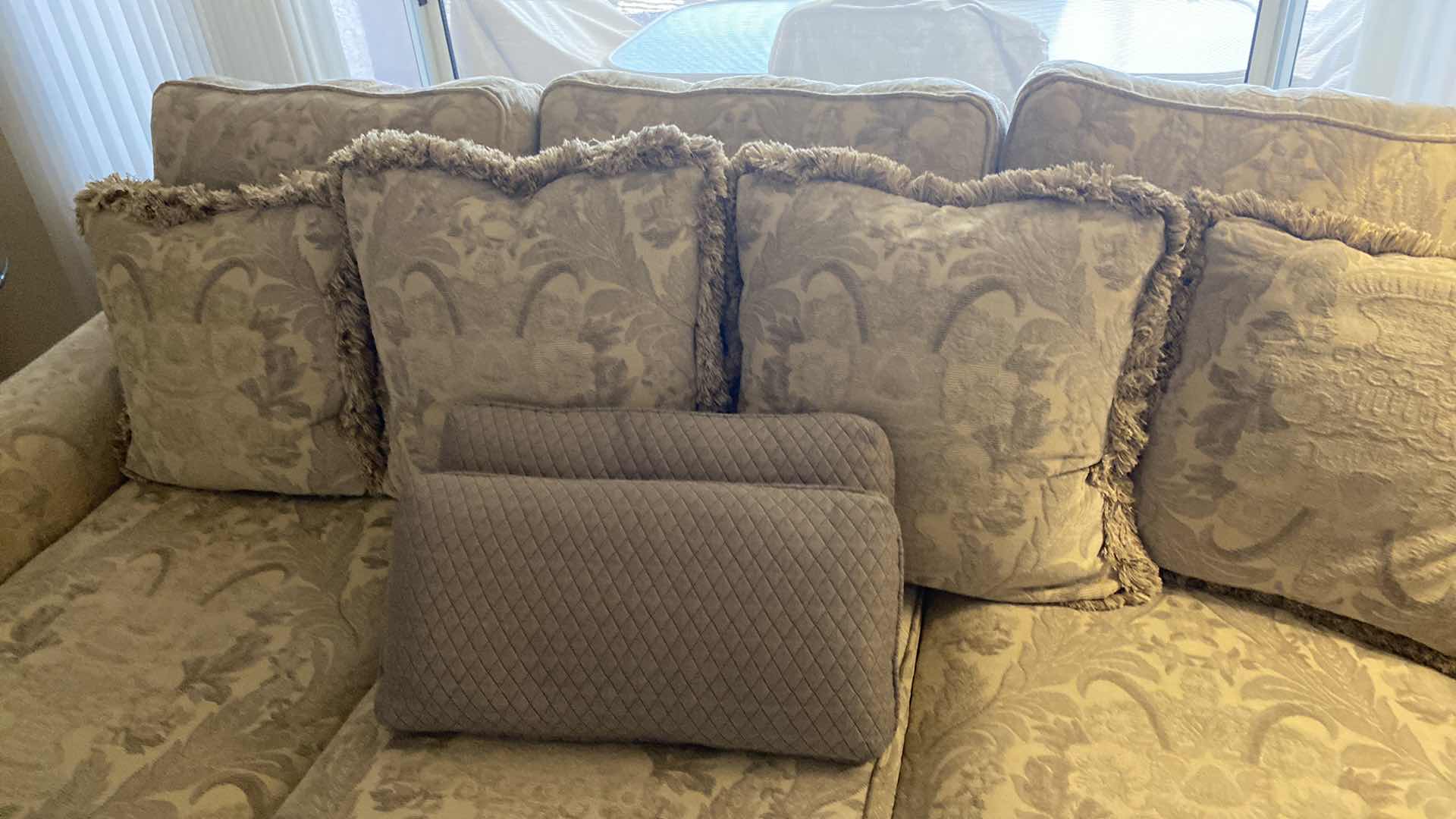 Photo 1 of 92”TRADITIONAL BEIGE AND GREEN UPHOLSTERED SOFA