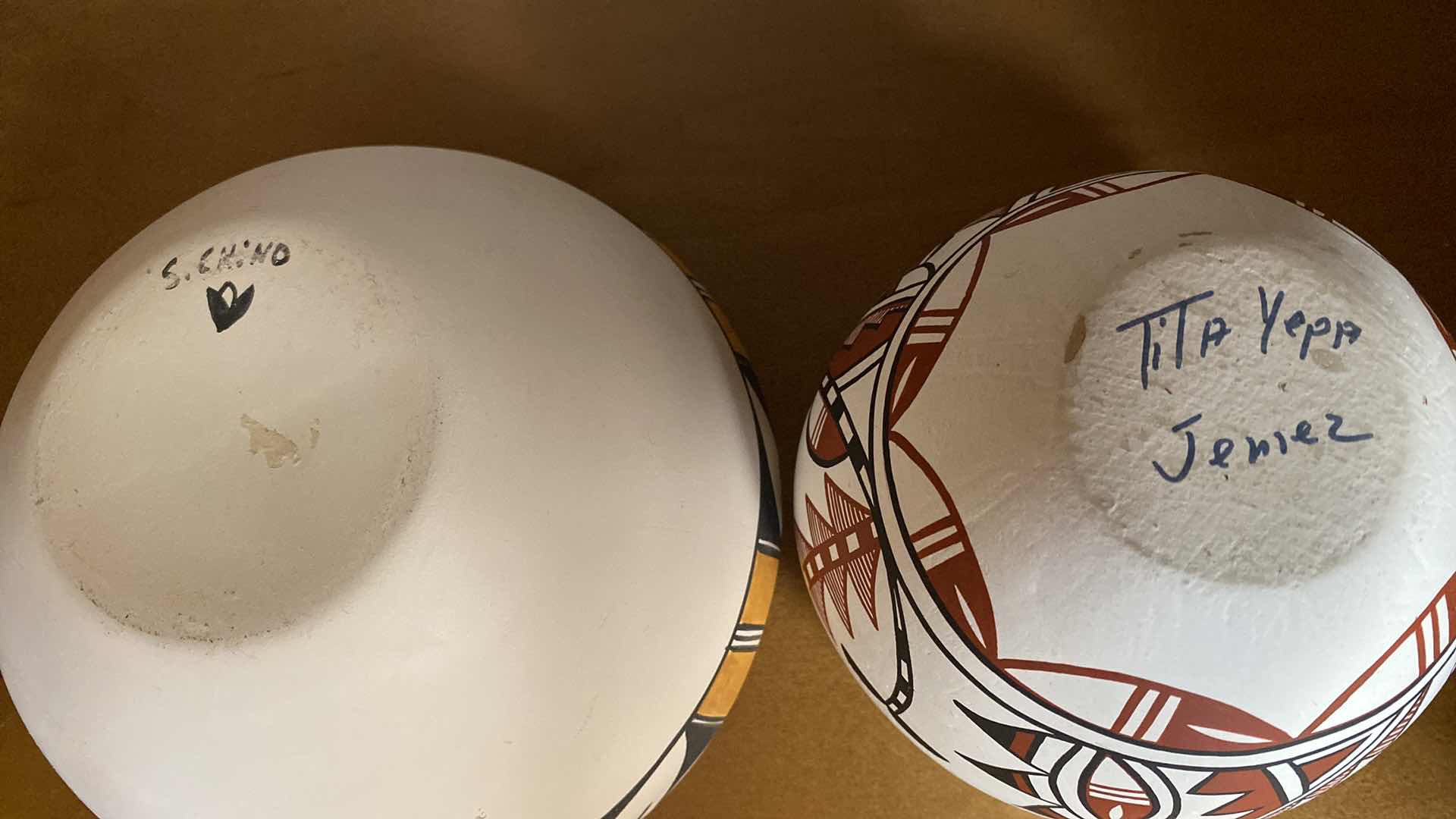 Photo 1 of FRAMED SECUNDINO SANDOVAL 12“ x 11“ ART REPRODUCTION AND PAIR OF NATIVE AMERICAN SIGNED POTTERY LARGEST 7” x 5”