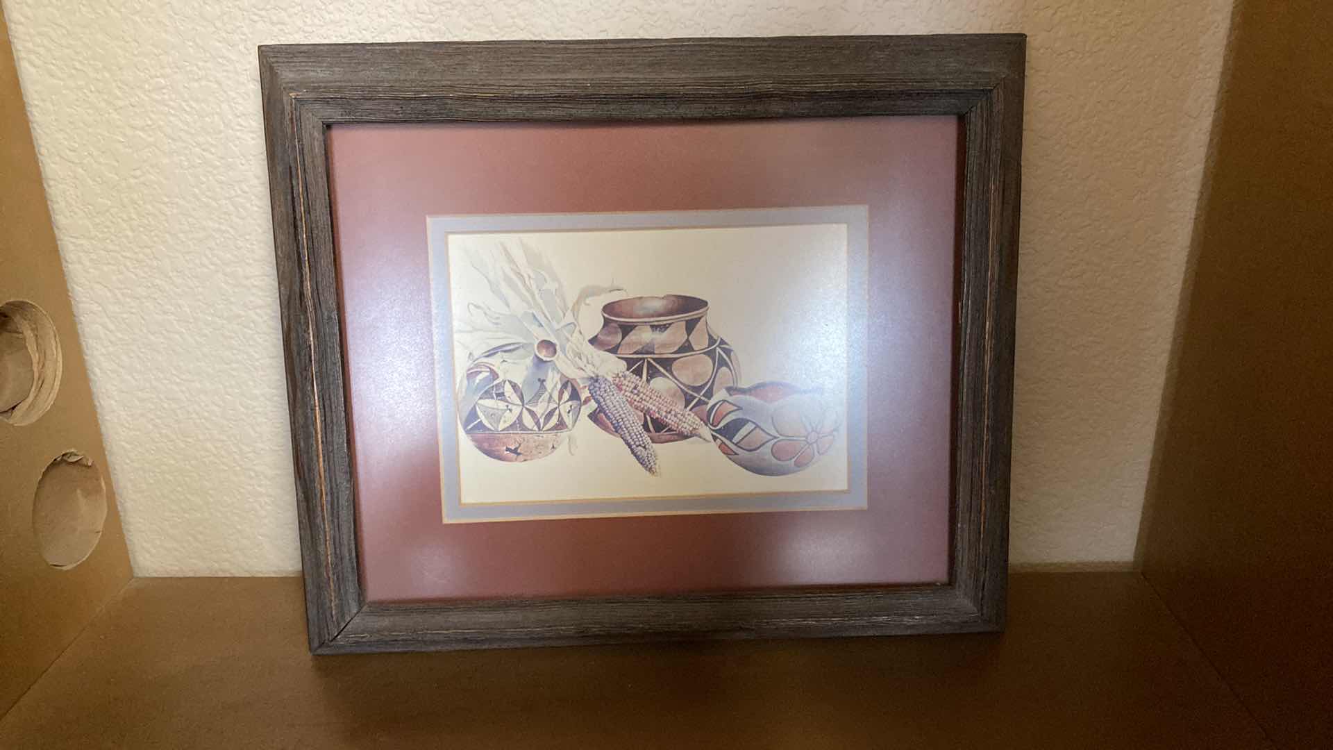 Photo 1 of FRAMED SECUNDINO SANDOVAL 12“ x 11“ ART REPRODUCTION AND PAIR OF NATIVE AMERICAN SIGNED POTTERY LARGEST 7” x 5”