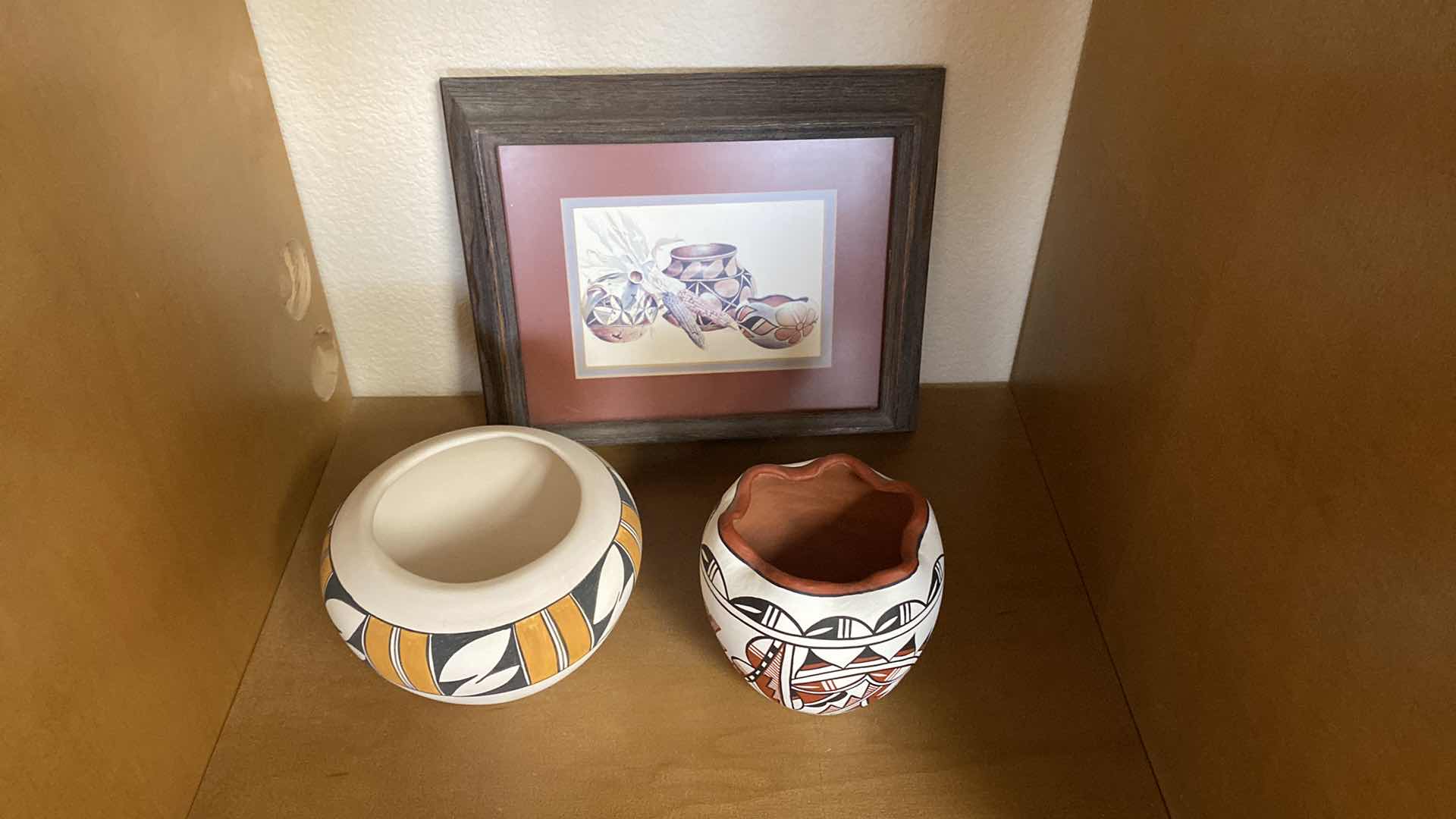 Photo 1 of FRAMED SECUNDINO SANDOVAL 12“ x 11“ ART REPRODUCTION AND PAIR OF NATIVE AMERICAN SIGNED POTTERY LARGEST 7” x 5”