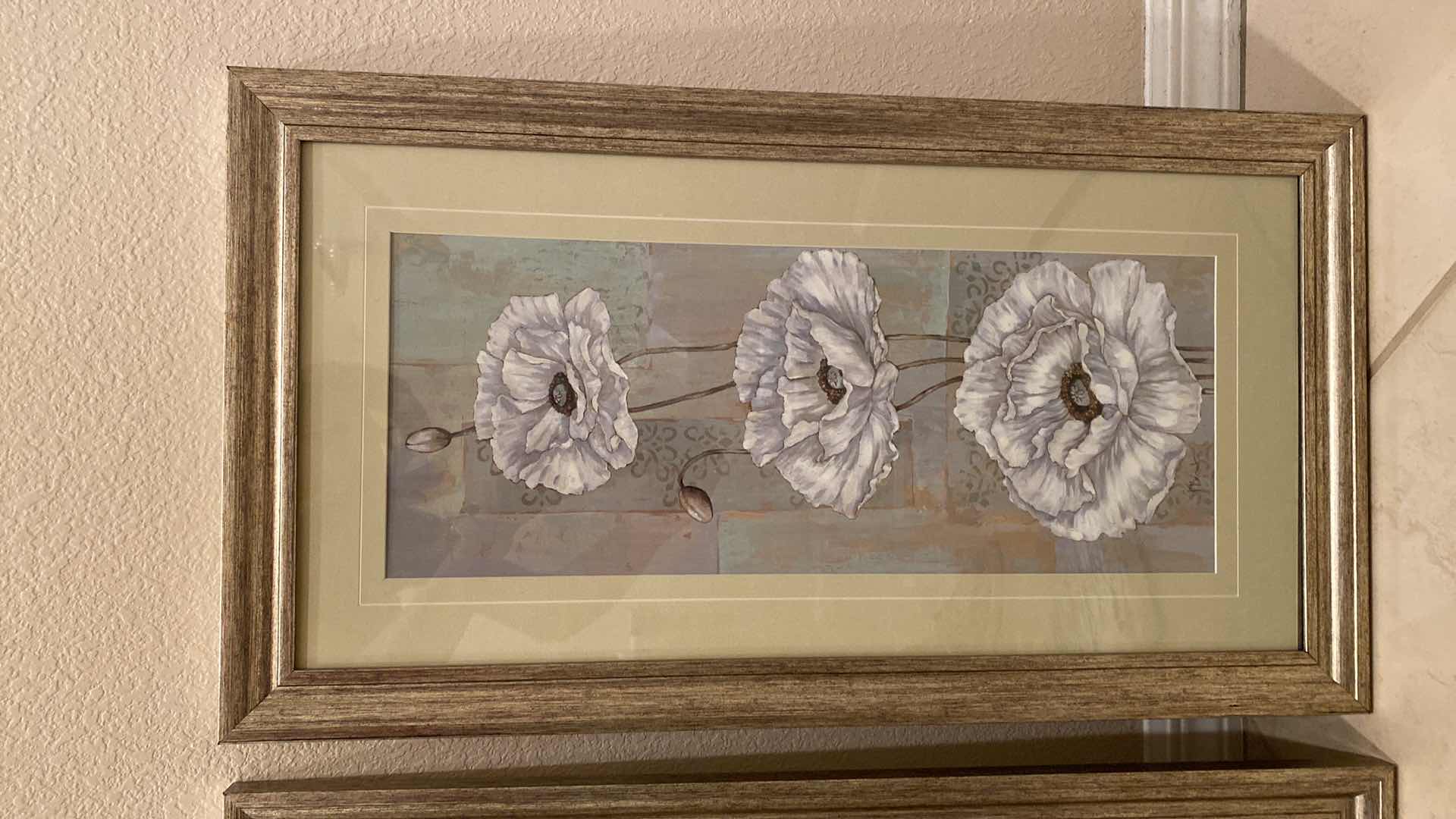 Photo 1 of PAIR OF FRAMED FLORAL ARTWORKS 14 1/2“ x 26 1/2“ AND FABRIC WALL DECOR