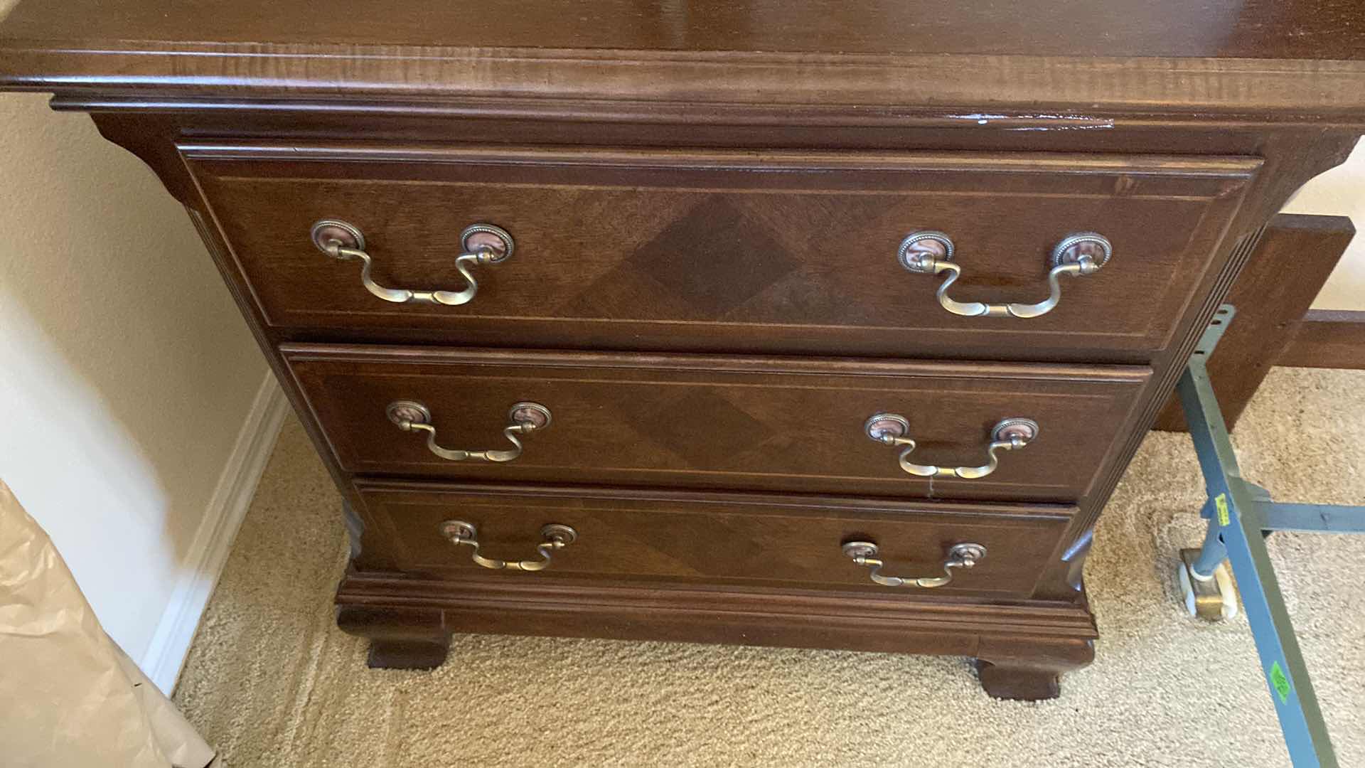 Photo 6 of Alexander Julian home queen headboard, 70“ x 48“, nightstand 29“ x 16“ H 30” Brass lamp, 27”