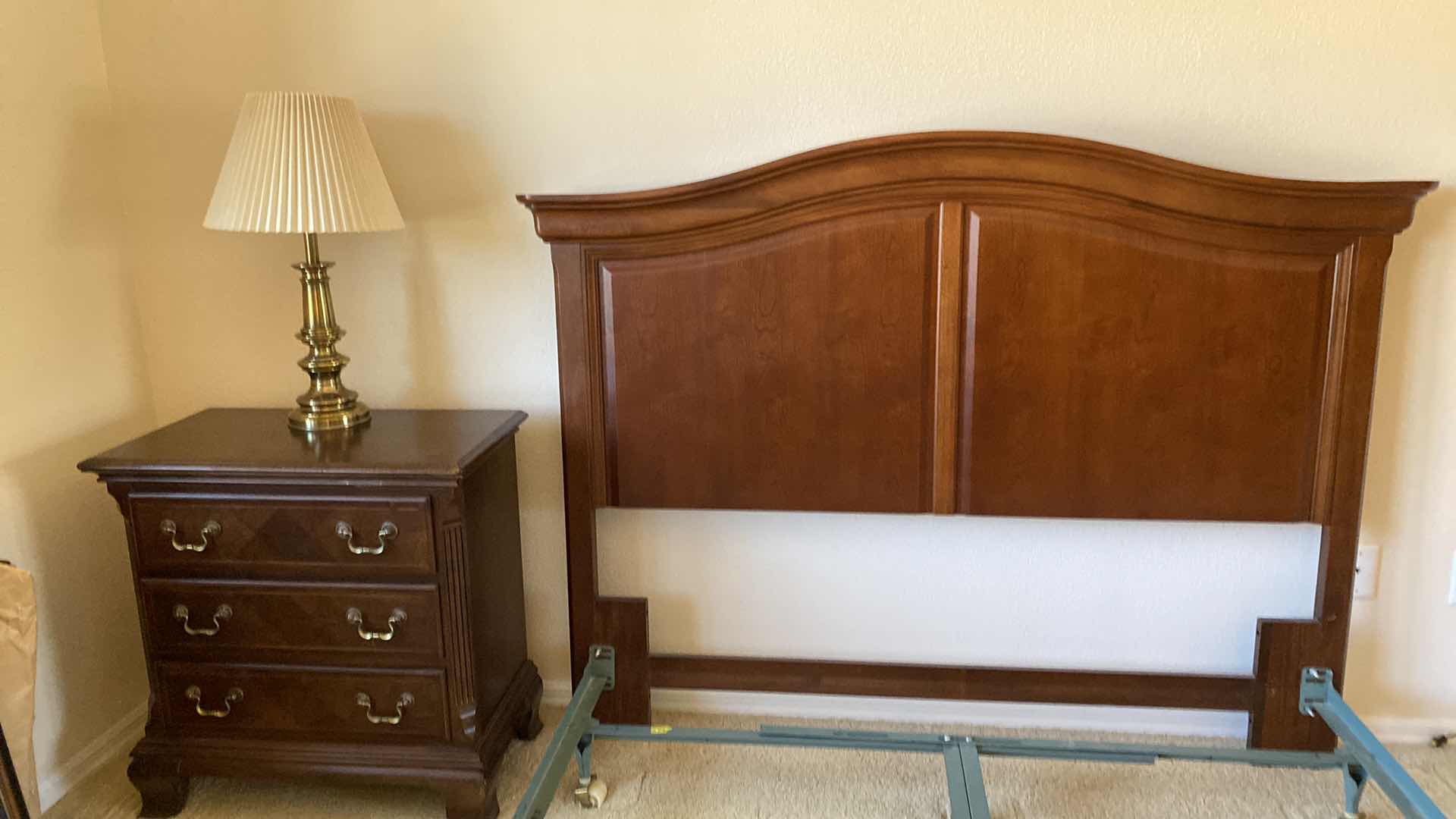 Photo 1 of Alexander Julian home queen headboard, 70“ x 48“, nightstand 29“ x 16“ H 30” Brass lamp, 27”