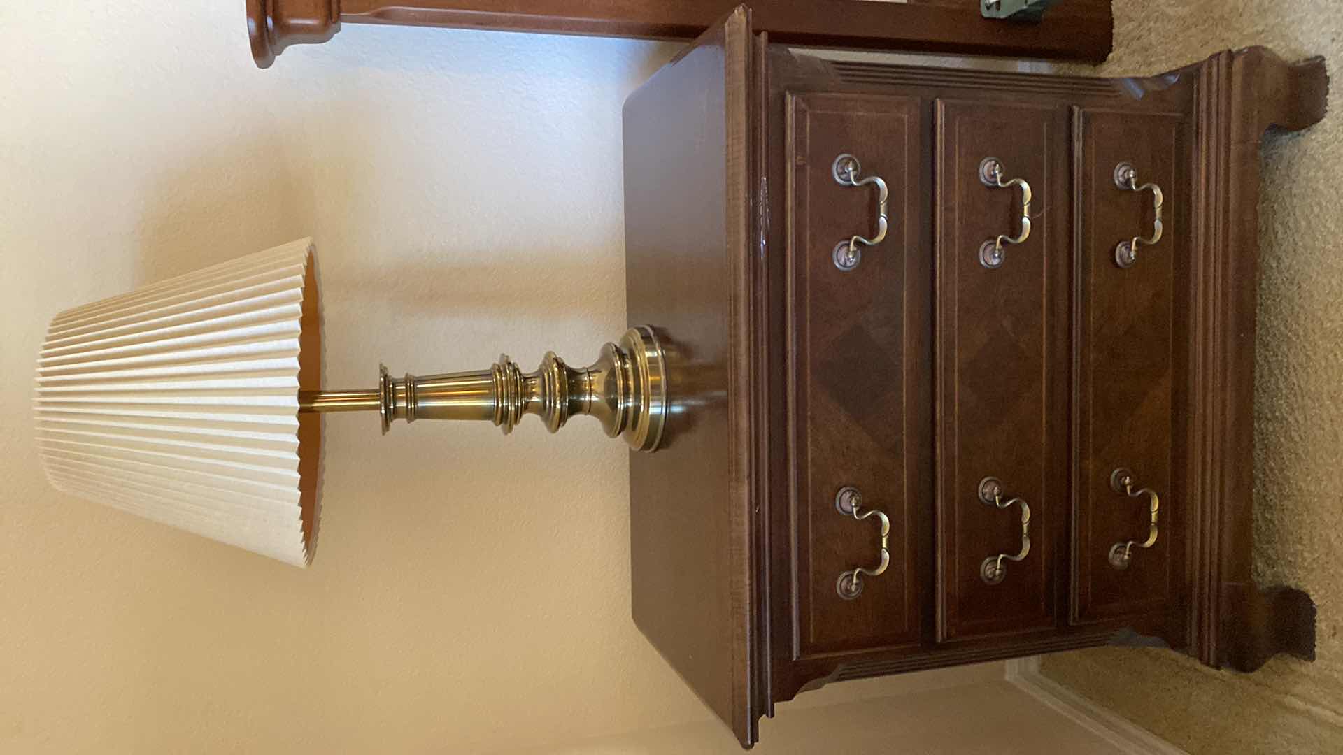 Photo 3 of Alexander Julian home queen headboard, 70“ x 48“, nightstand 29“ x 16“ H 30” Brass lamp, 27”