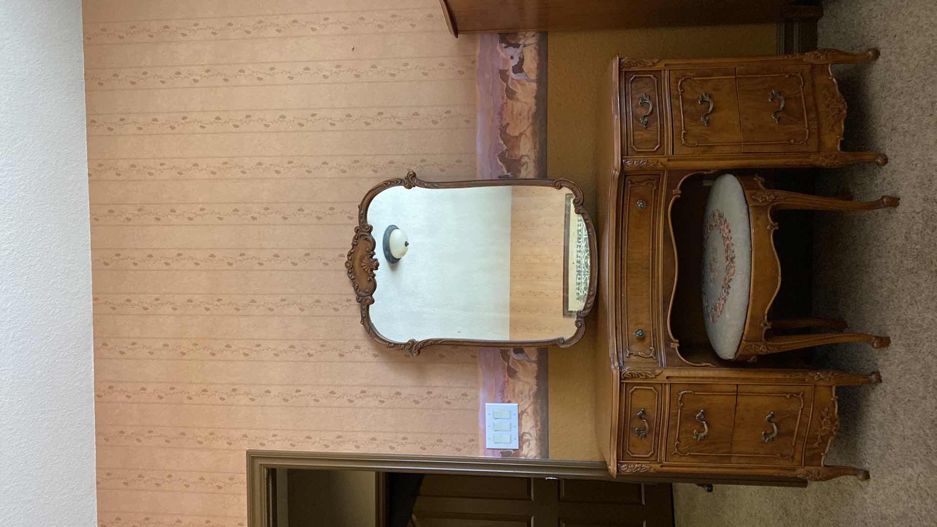 Photo 1 of ANTIQUE VANITY WITH ACANTHUS LEAF TRIM,  DOVETAIL CONSTRUCTION INCLUDES  MIRROR AND BENCH 50“ x 20“  H 30“