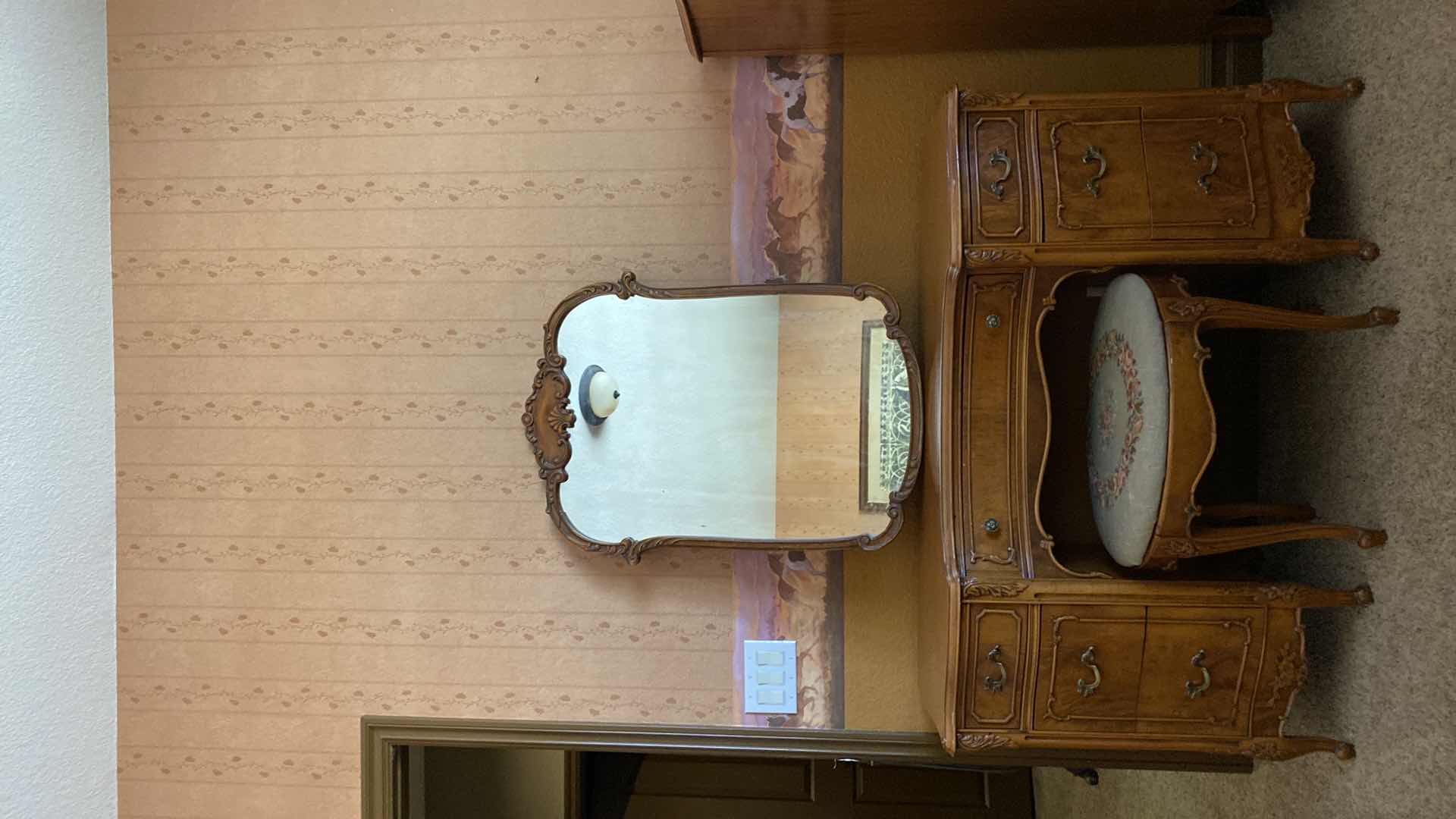 Photo 1 of ANTIQUE VANITY WITH ACANTHUS LEAF TRIM,  DOVETAIL CONSTRUCTION INCLUDES  MIRROR AND BENCH 50“ x 20“  H 30“