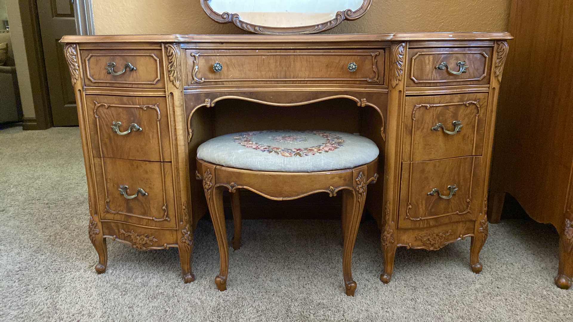 Photo 1 of ANTIQUE VANITY WITH ACANTHUS LEAF TRIM,  DOVETAIL CONSTRUCTION INCLUDES  MIRROR AND BENCH 50“ x 20“  H 30“