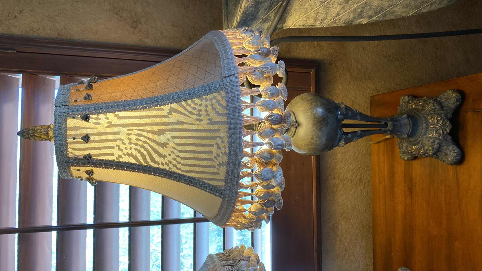 Photo 5 of PAIR OF HEAVY METAL TABLE LAMPS WITH FABRIC SHADES H34”