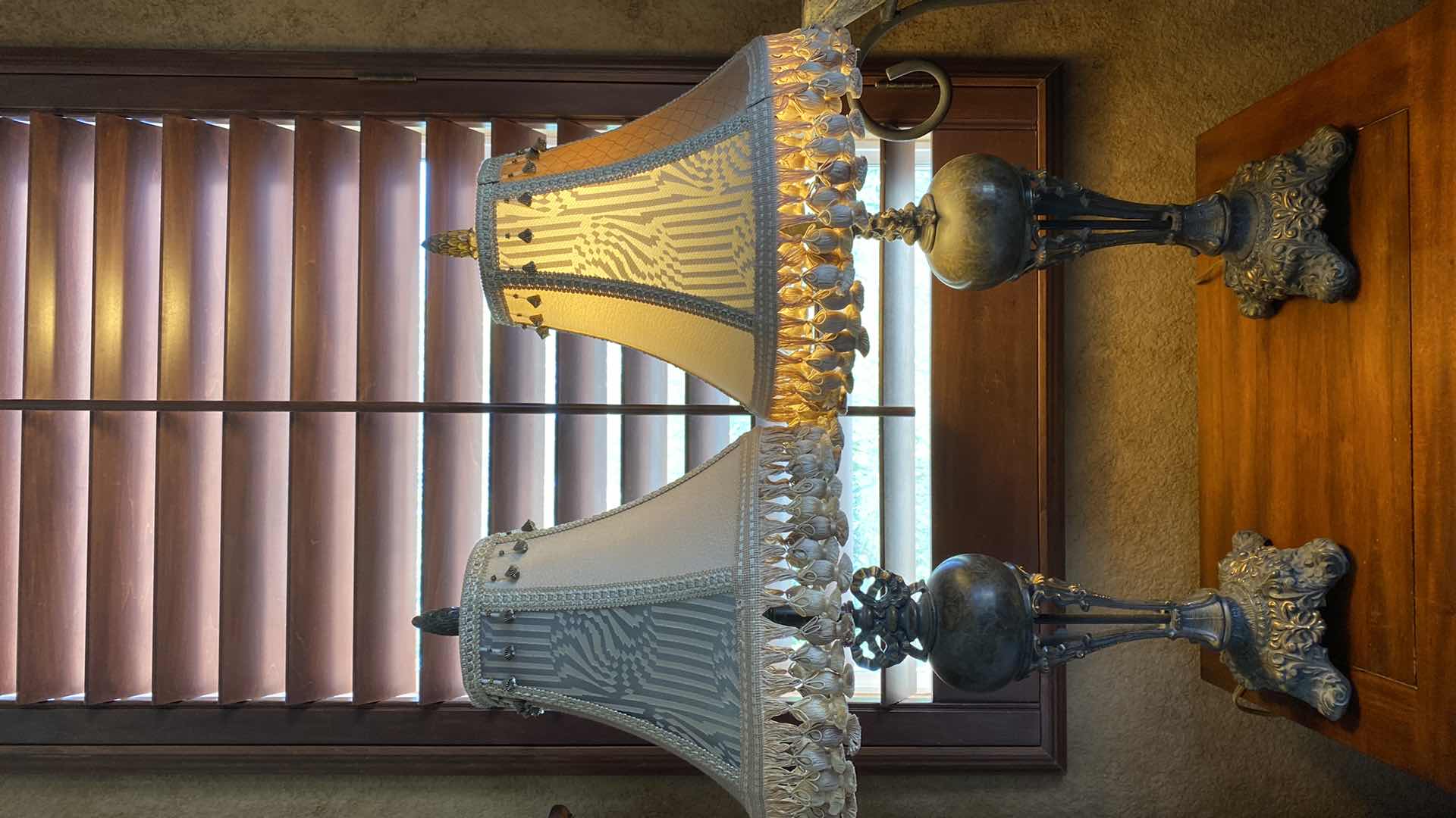 Photo 6 of PAIR OF HEAVY METAL TABLE LAMPS WITH FABRIC SHADES H34”