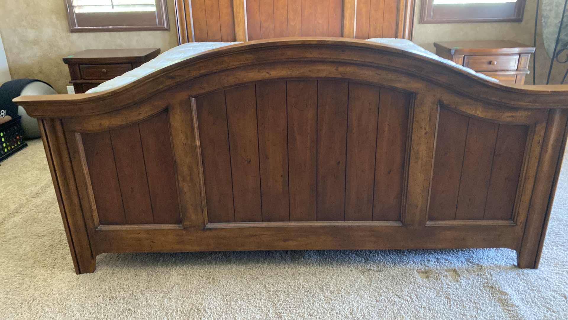 Photo 1 of KING DARK WOOD TRADITIONAL DISTRESSED HEADBOARD FOOTBOARD AND SIDE RAILS 86“ x 85“  H 72 1/2“