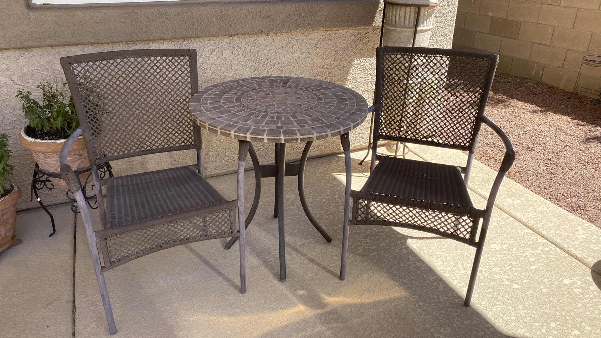 Photo 1 of 3-PIECE PATIO CAFE SET WITH WOVEN CHAIRS TABLE 28“ x 28 1/2“