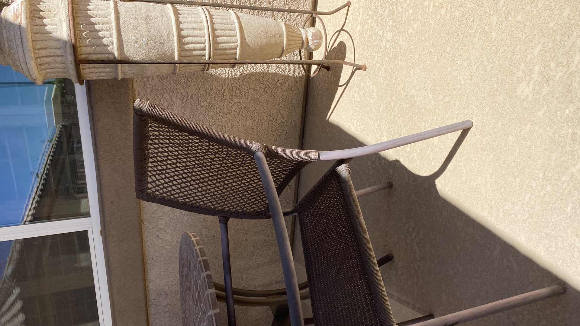 Photo 1 of 3-PIECE PATIO CAFE SET WITH WOVEN CHAIRS TABLE 28“ x 28 1/2“