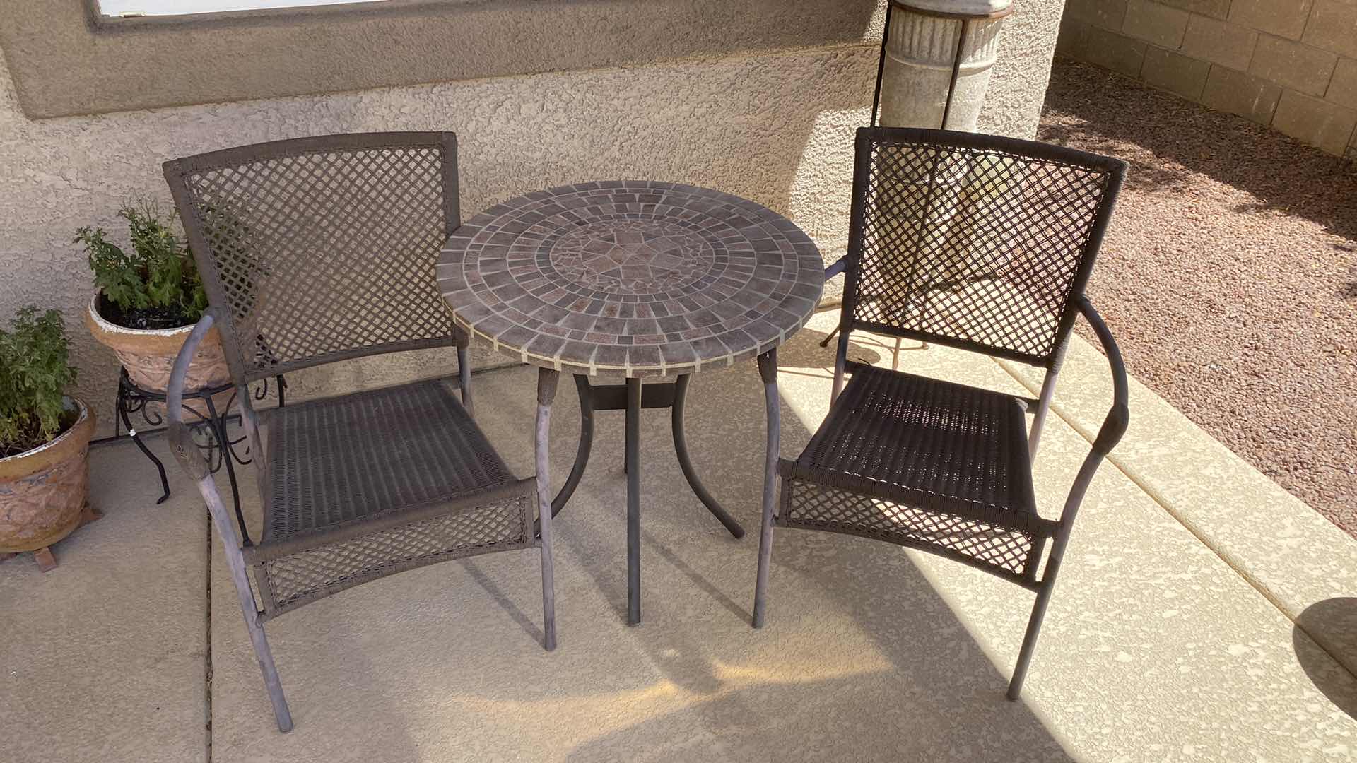 Photo 1 of 3-PIECE PATIO CAFE SET WITH WOVEN CHAIRS TABLE 28“ x 28 1/2“