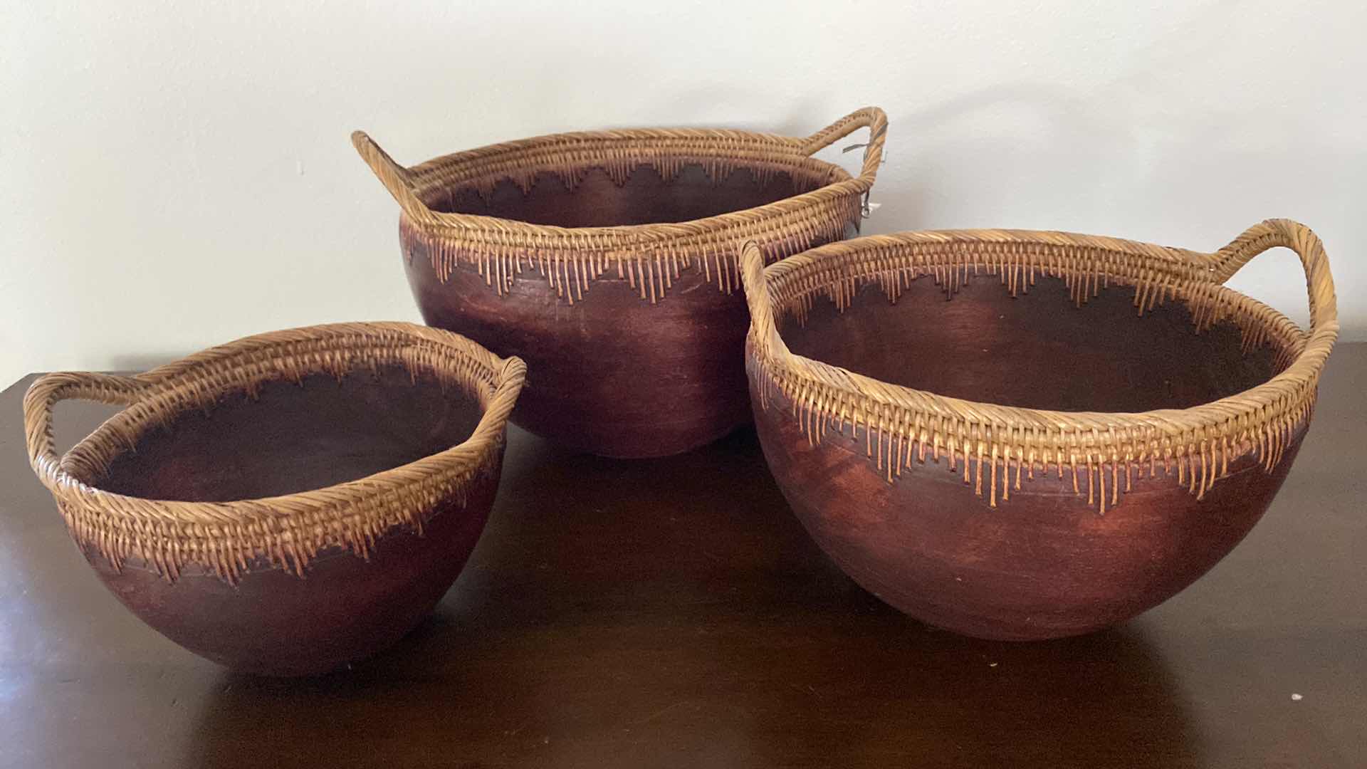 Photo 1 of 3-WOOD BOWLS FROM INDONESIA LARGEST 13” x 7”
