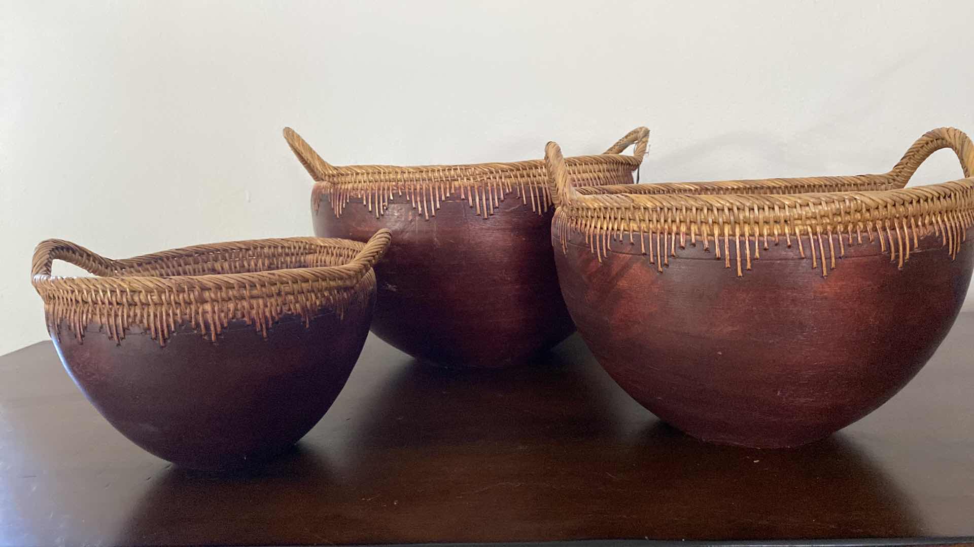 Photo 1 of 3-WOOD BOWLS FROM INDONESIA LARGEST 13” x 7”