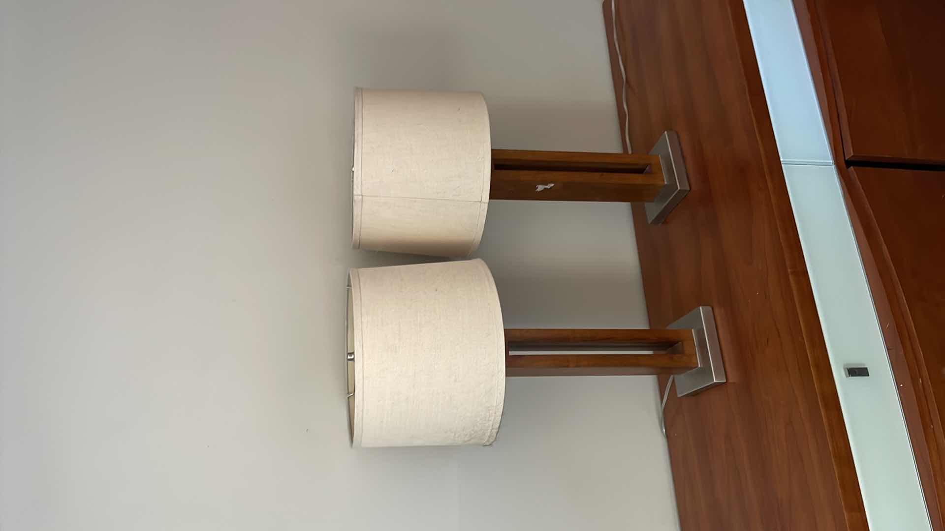 Photo 1 of PAIR TABLE LAMPS 28”WOOD METAL  BASE