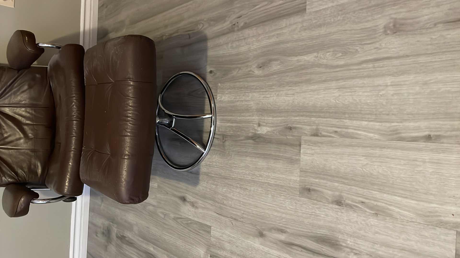 Photo 1 of VINTAGE MID CENTURY MODERN EKORNES LEATHER CHAIR W METAL BASE  MCM 32”x 24”x 41”H AND OTTOMAN 22”x18”x15”H 