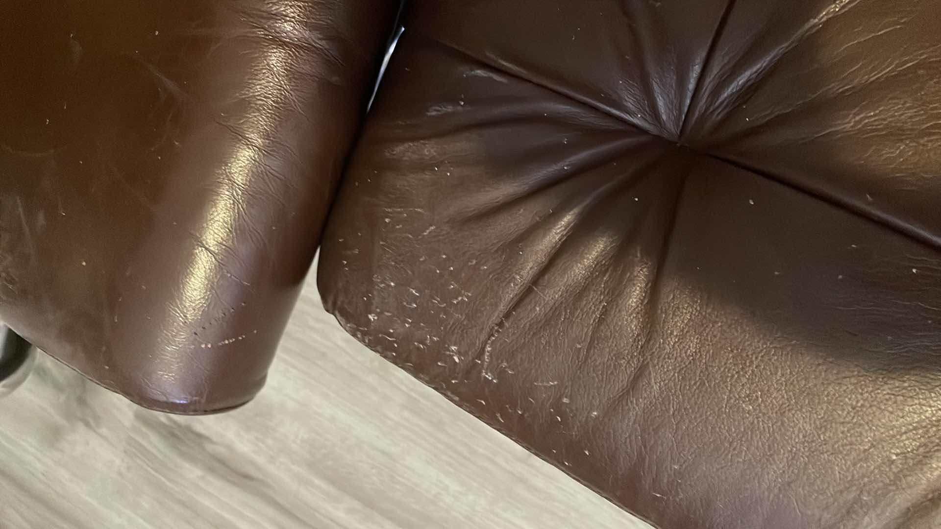 Photo 1 of VINTAGE MID CENTURY MODERN EKORNES LEATHER CHAIR W METAL BASE  MCM 32”x 24”x 41”H AND OTTOMAN 22”x18”x15”H 