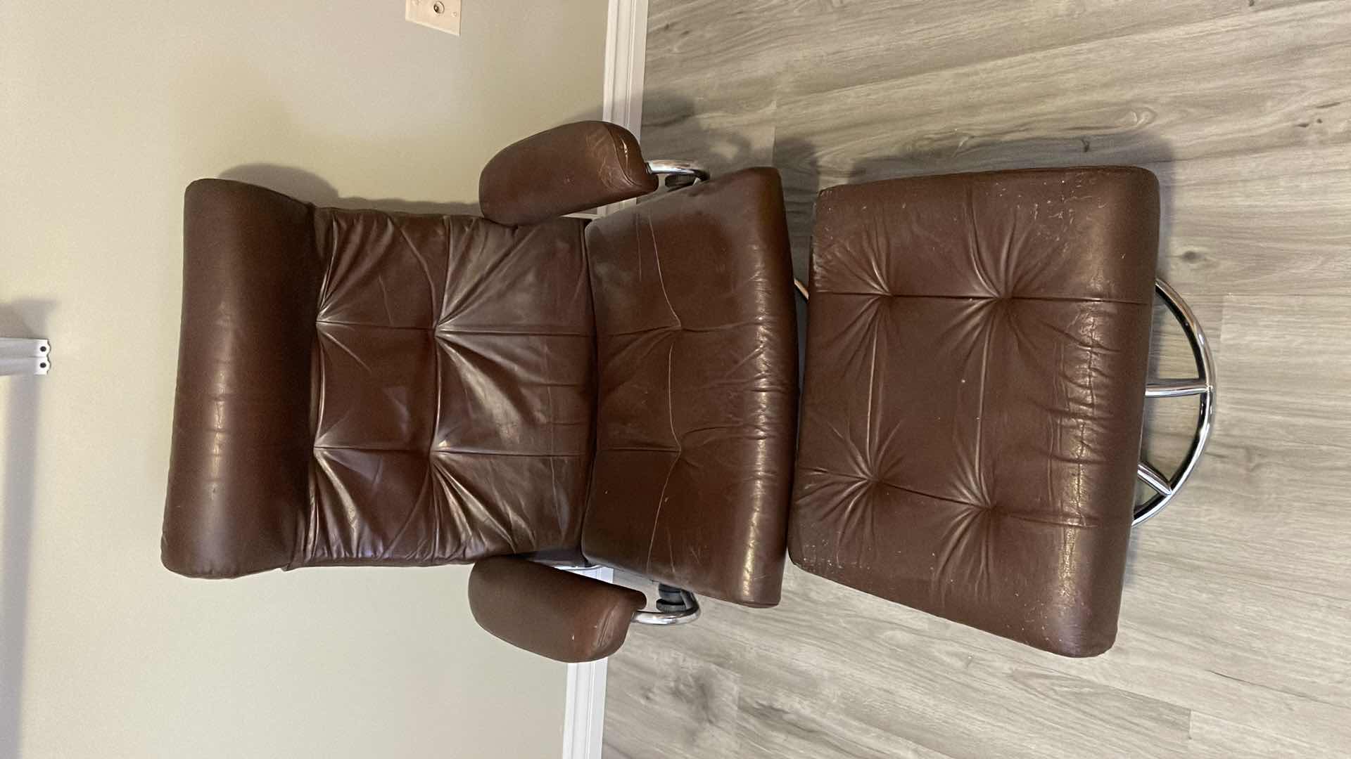 Photo 1 of VINTAGE MID CENTURY MODERN EKORNES LEATHER CHAIR W METAL BASE  MCM 32”x 24”x 41”H AND OTTOMAN 22”x18”x15”H 