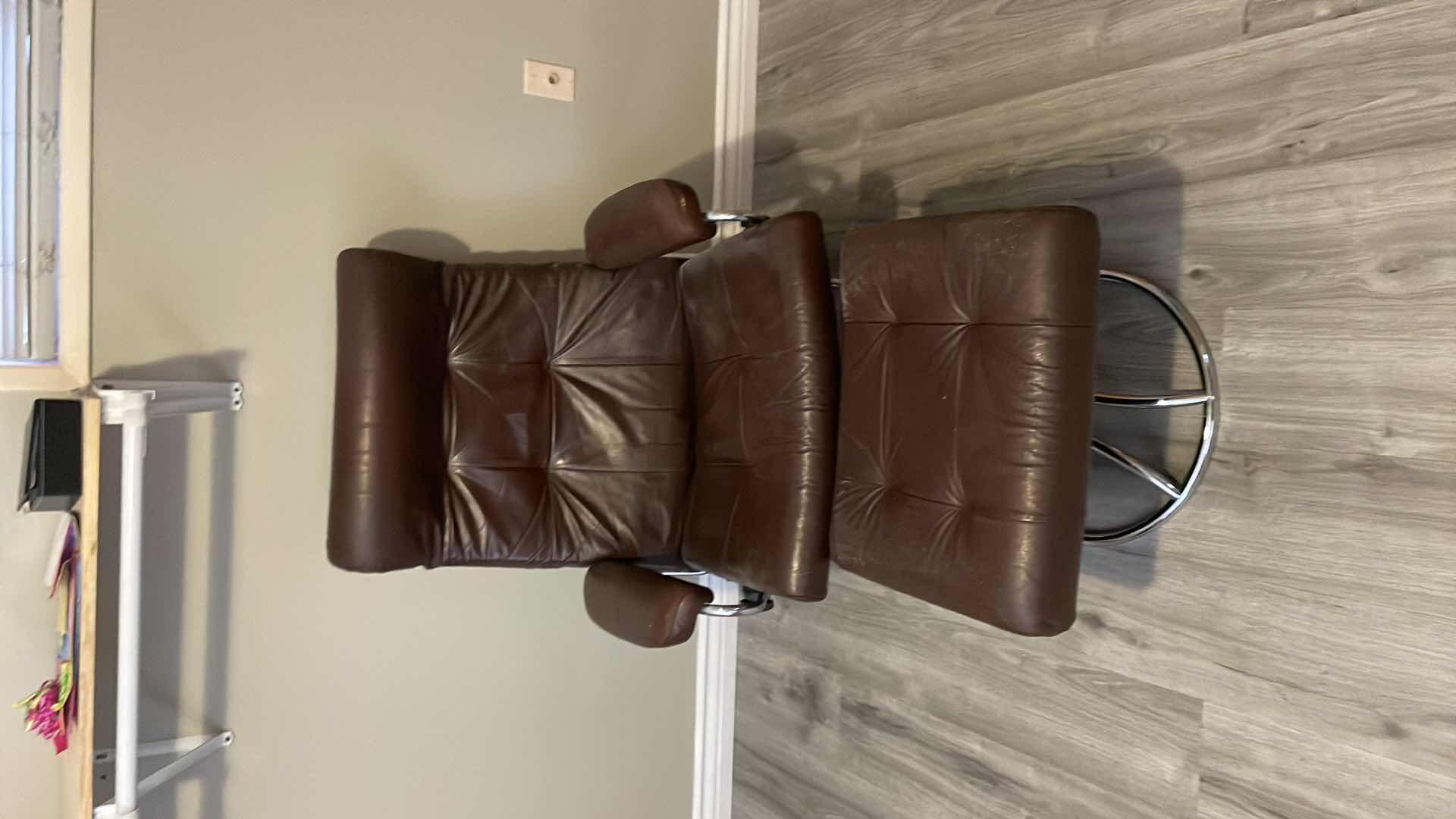 Photo 1 of VINTAGE MID CENTURY MODERN EKORNES LEATHER CHAIR W METAL BASE  MCM 32”x 24”x 41”H AND OTTOMAN 22”x18”x15”H 