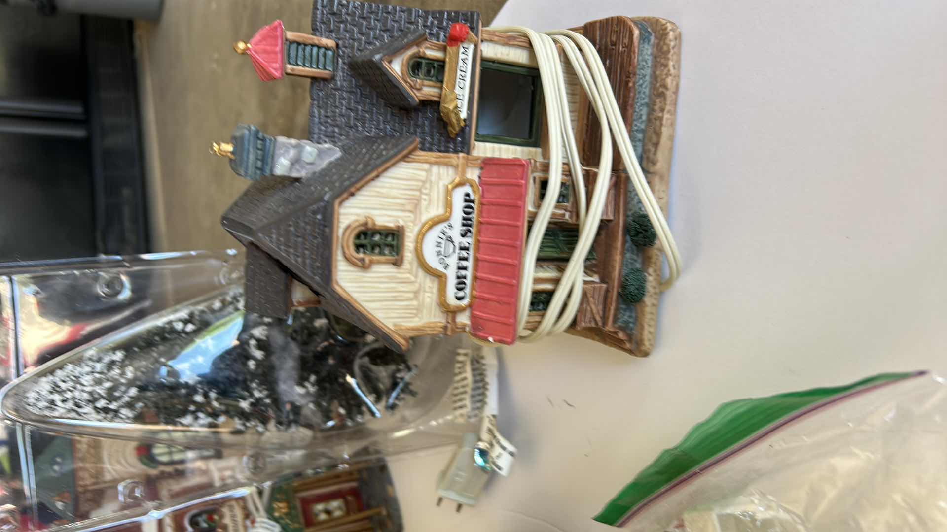 Photo 1 of LARGE TOTE WITH CHRISTMAS VILLAGE LIGHT UP HOUSES TALLEST 14”