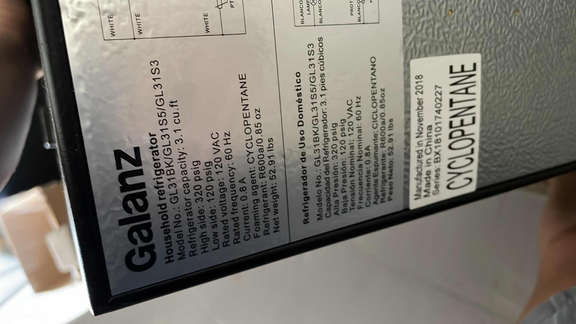 Photo 1 of GALANZ MINI FRIDGE WITH FREEZER 36”