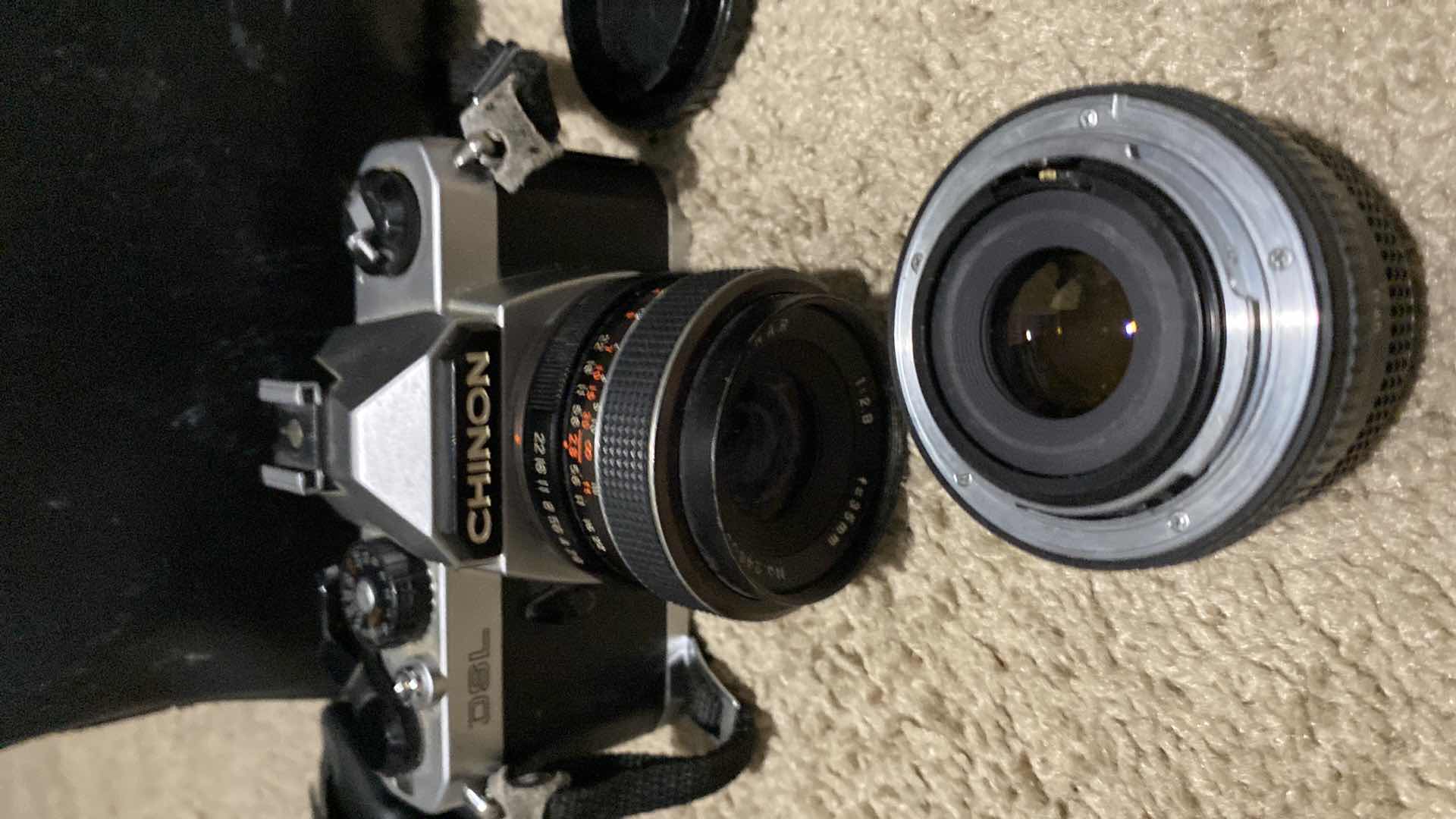 Photo 1 of VINTAGE CHINON 35mm CAMERA WITH ADDITIONAL LENS ACCESSORIES AND BAG