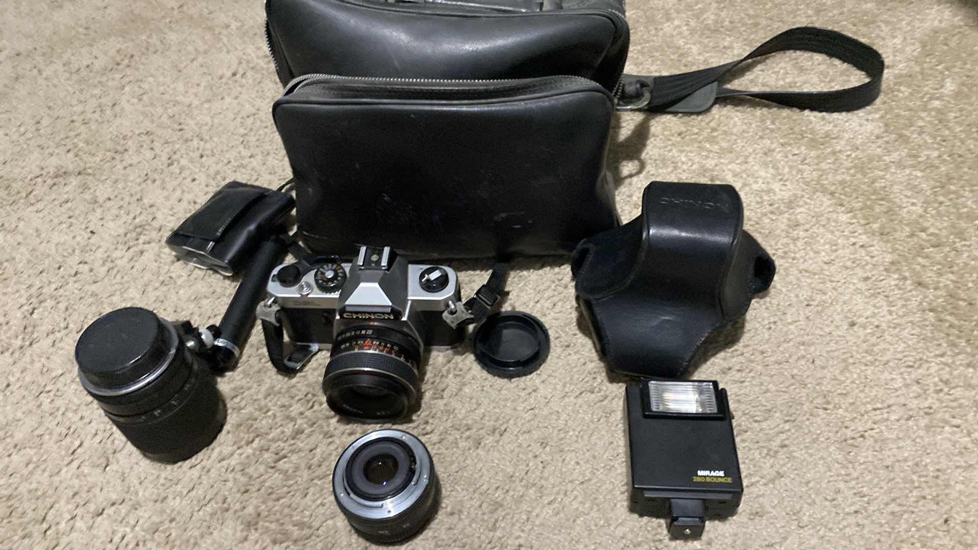 Photo 1 of VINTAGE CHINON 35mm CAMERA WITH ADDITIONAL LENS ACCESSORIES AND BAG