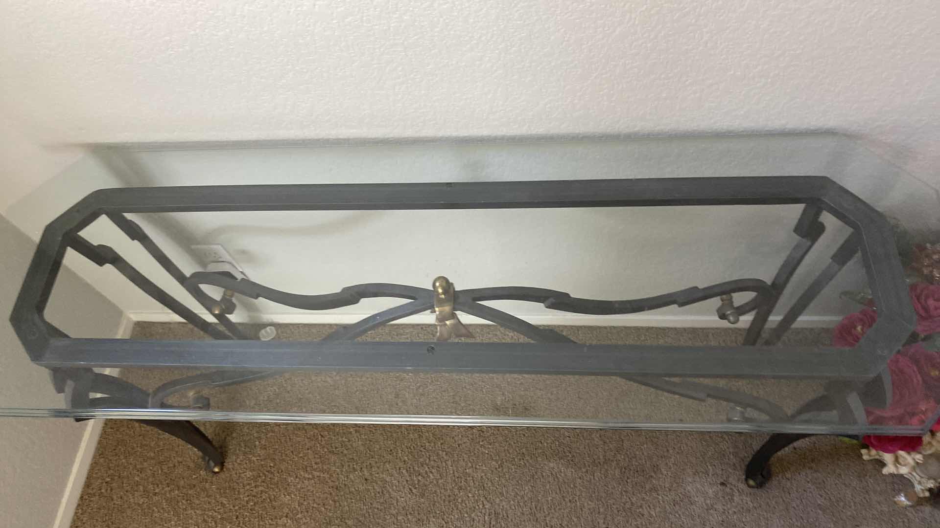 Photo 1 of BEVELED GLASS AND IRON SOFA TABLE 56“ x 17.5” x H 29”