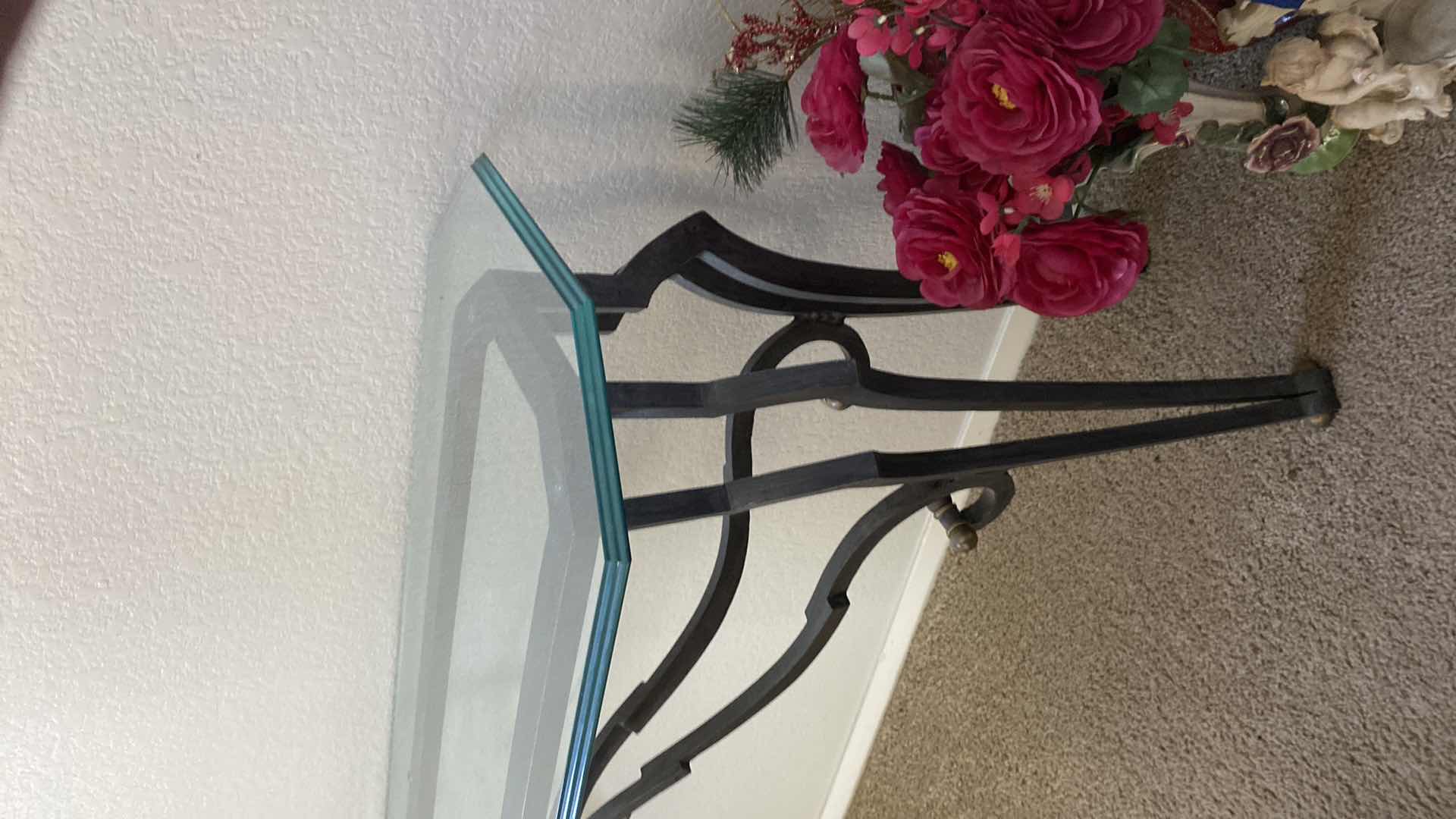 Photo 1 of BEVELED GLASS AND IRON SOFA TABLE 56“ x 17.5” x H 29”